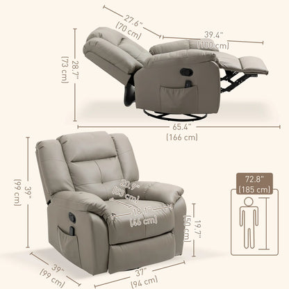 8-Point Vibration Massage Recliner, PU Leather 360° Swivel, Grey Single Sofas at Gallery Canada