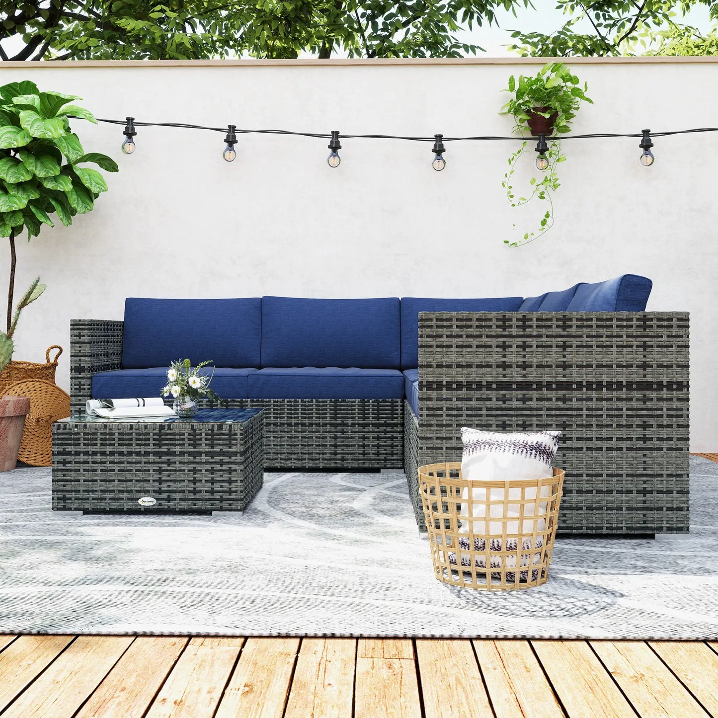 4pc Rattan Wicker Outdoor Furniture Set, Corner Sofa Loveseats Coffee Table, Navy Blue Patio Furniture Sets at Gallery Canada
