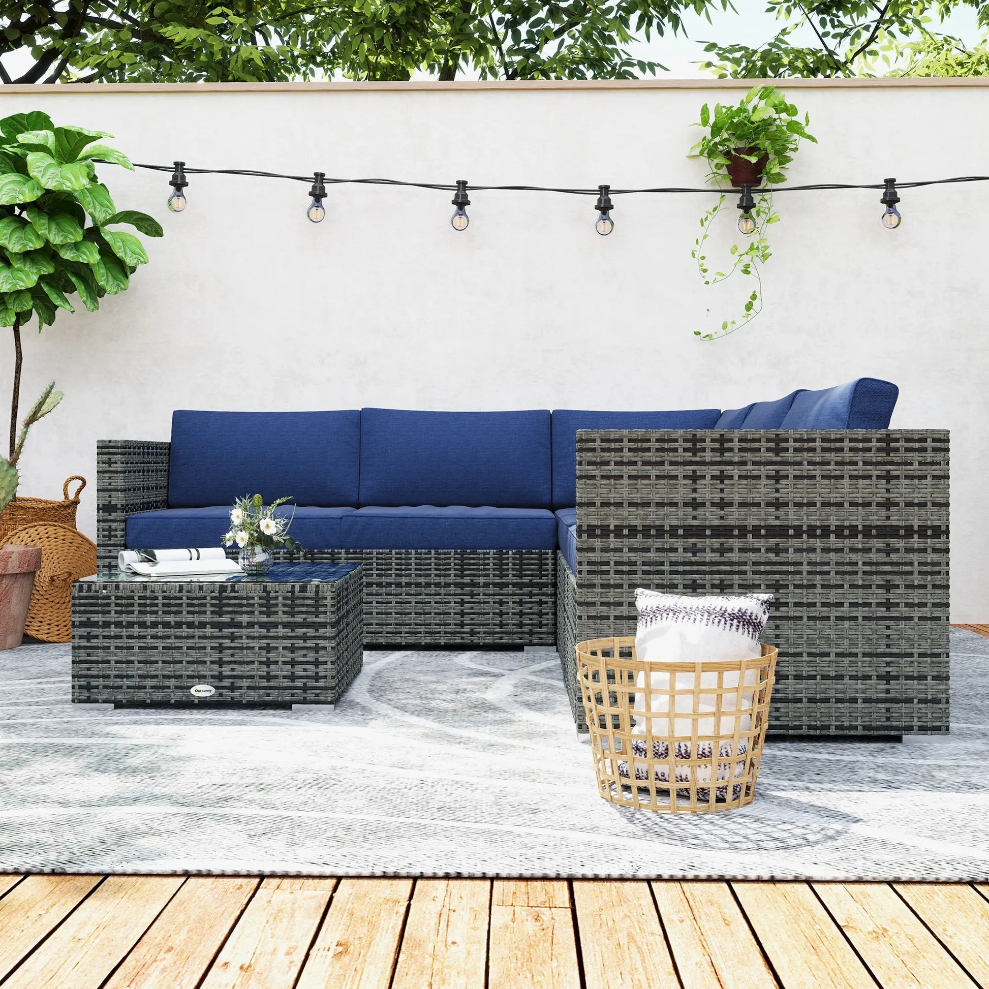 4pc Rattan Wicker Outdoor Furniture Set, Corner Sofa Loveseats Coffee Table, Navy Blue Patio Furniture Sets at Gallery Canada