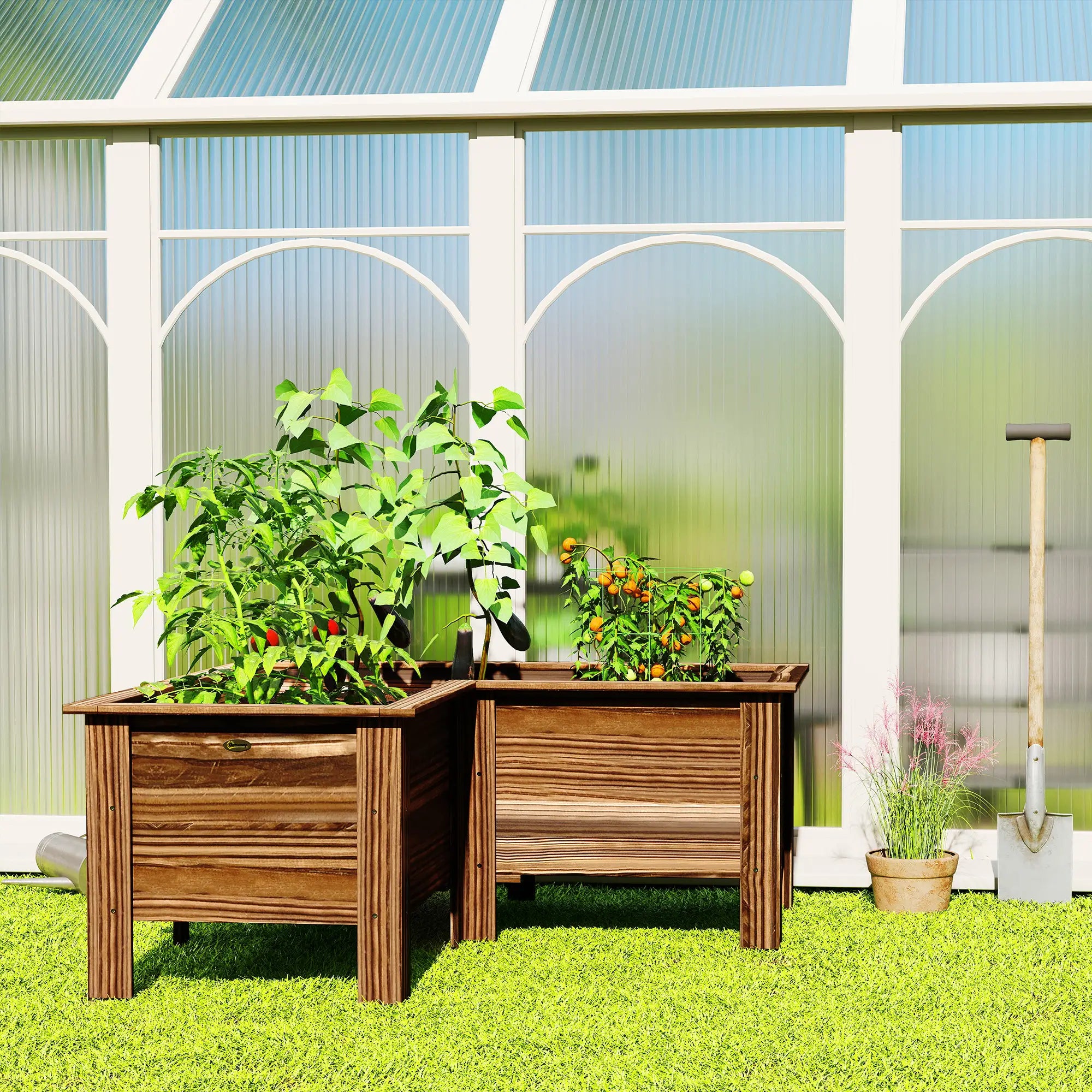 Wooden Raised Garden Bed, L-Shaped, Carbonized, With Legs Wooden Planter Boxes at Gallery Canada