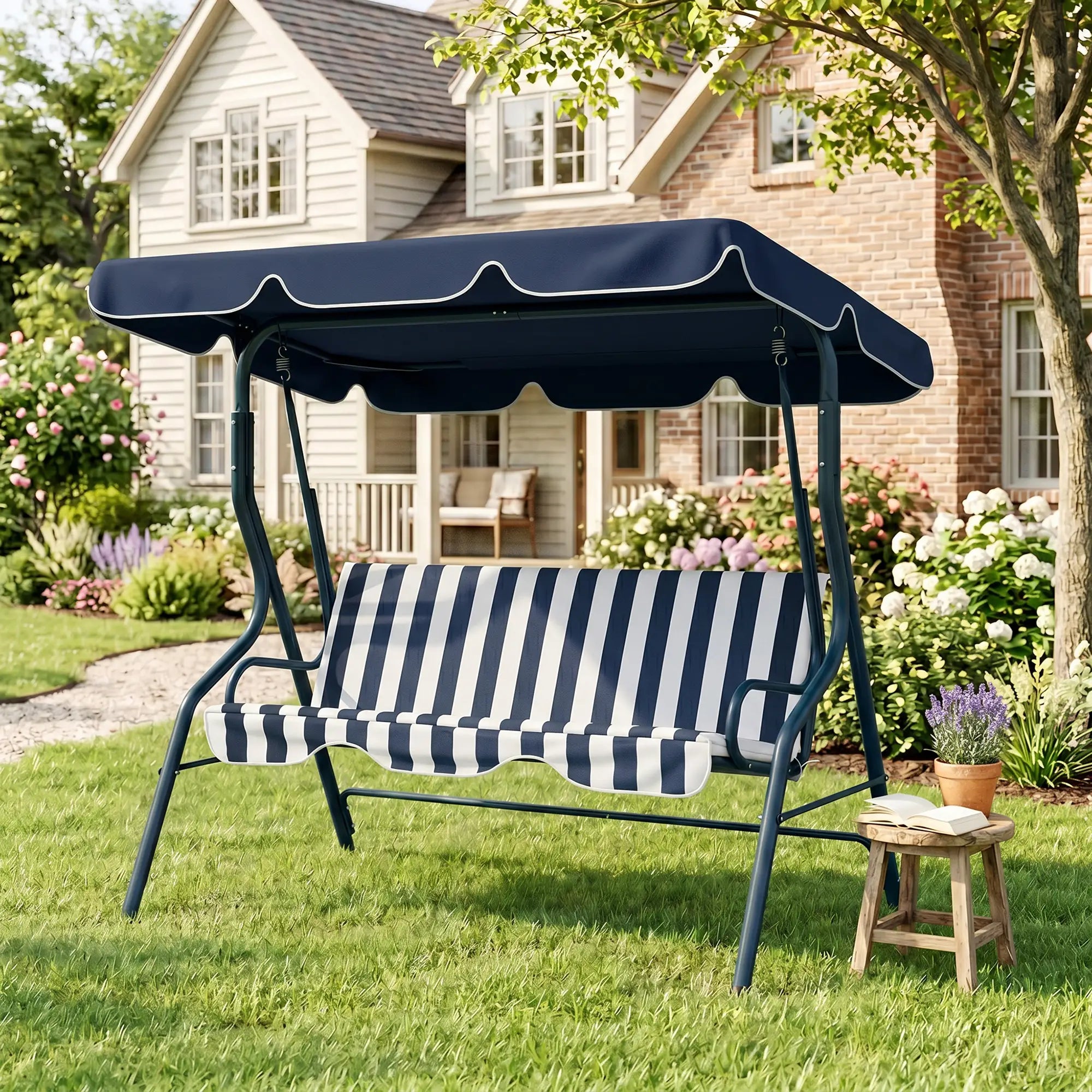 Outdoor Porch Swing, Adjustable Canopy, 3-Seater with Cushion, Blue Patio Swings with Stand at Gallery Canada