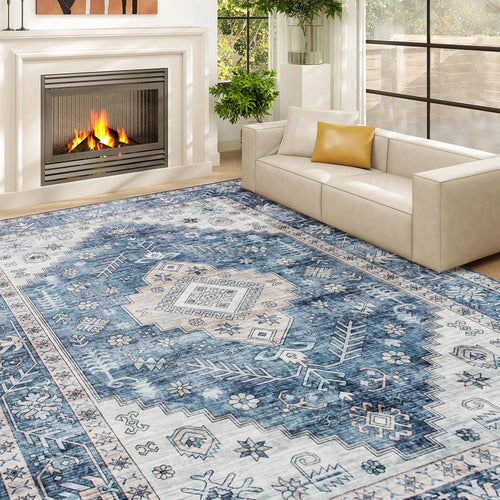 9x12 Vintage Washable Non-Slip Rug, for Living, Bedroom, Dining, Blue