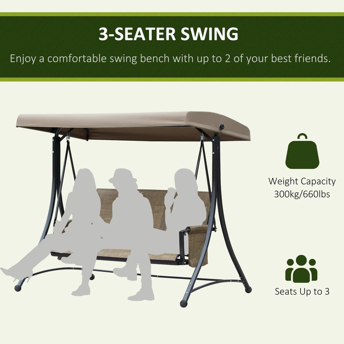 3 Person Porch Swing, High Back, Side Pouches, Adjustable Canopy, Brown Patio Swings with Stand at Gallery Canada