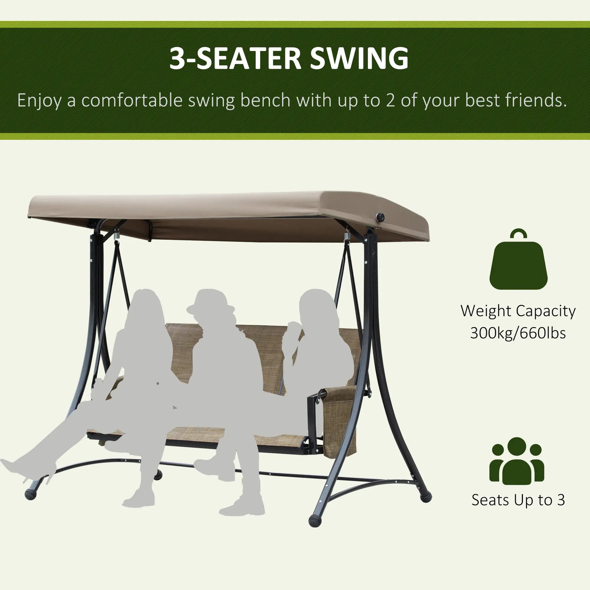 3 Person Porch Swing, High Back, Side Pouches, Adjustable Canopy, Brown Patio Swings with Stand at Gallery Canada