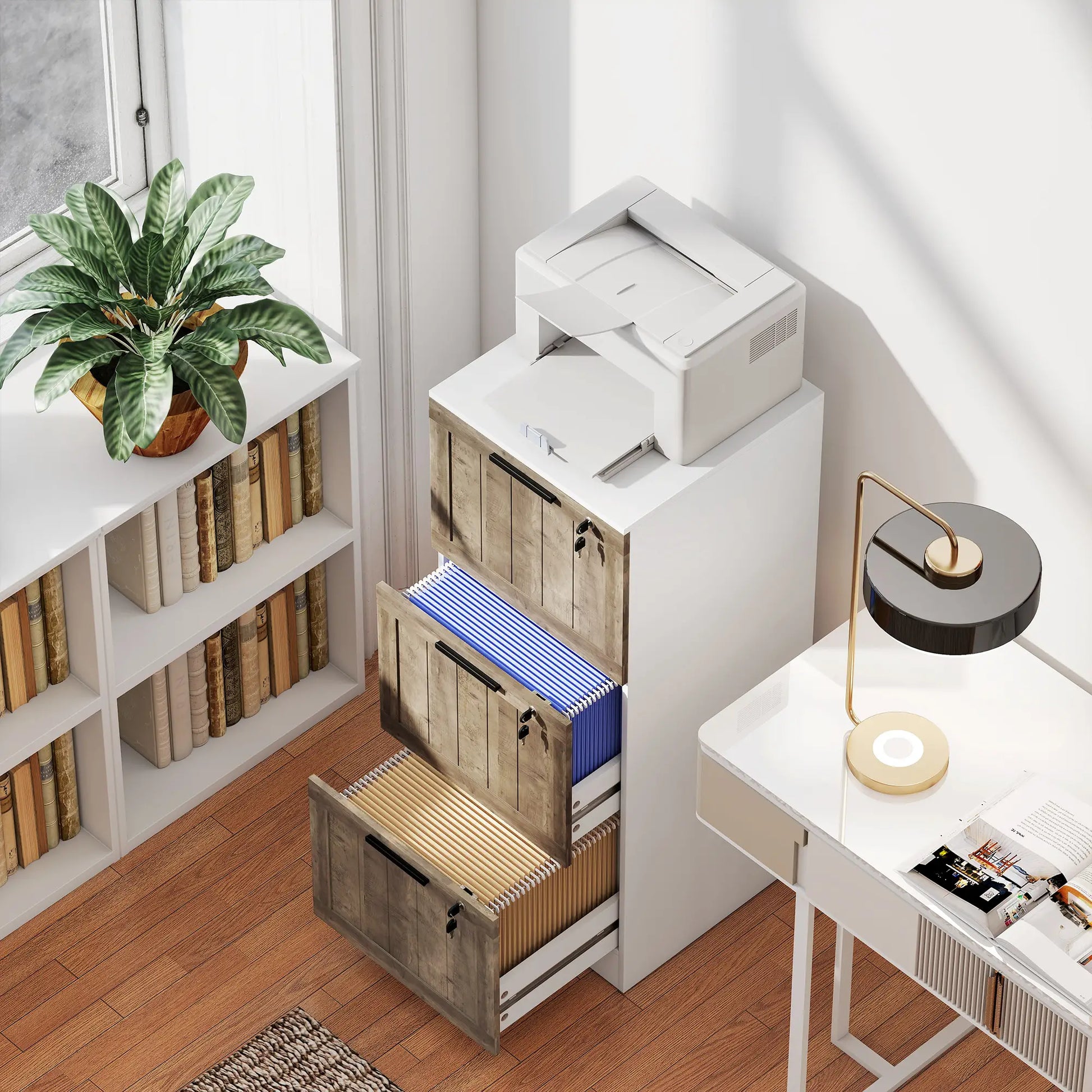 3 Drawer Filing Cabinet, Farmhouse Style, Adjustable Hanging Rails, A4 Letter Size, White Office Cabinets & Cupboards at Gallery Canada