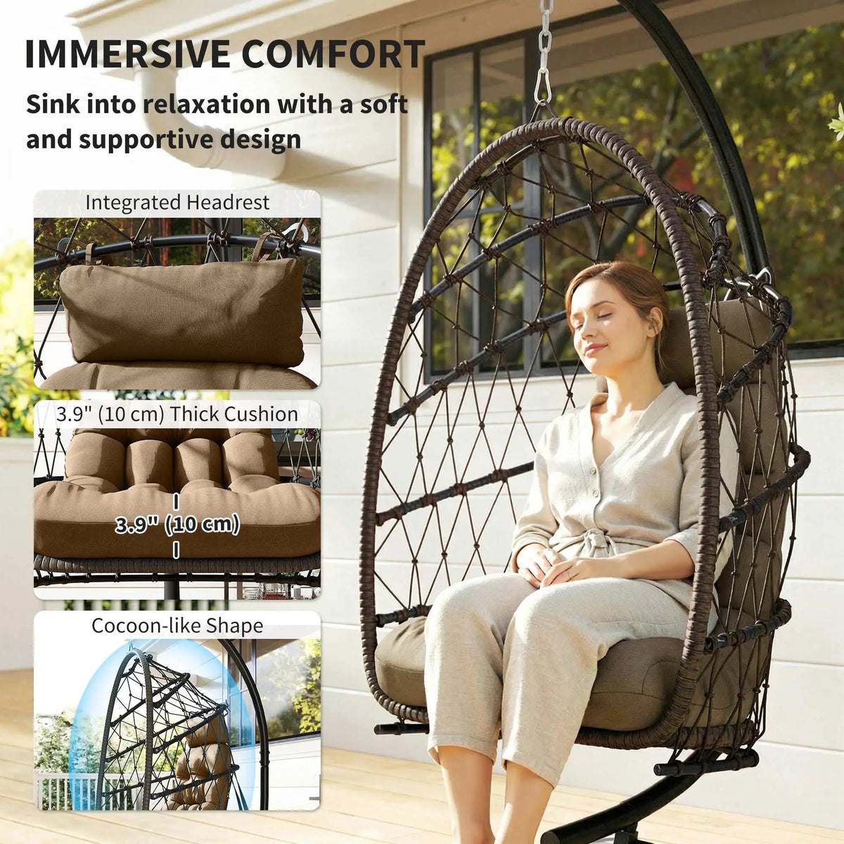 Hanging Egg Chair With Stand, Foldable Wicker Rattan Swing Chair, Brown Patio Swings with Stand at Gallery Canada