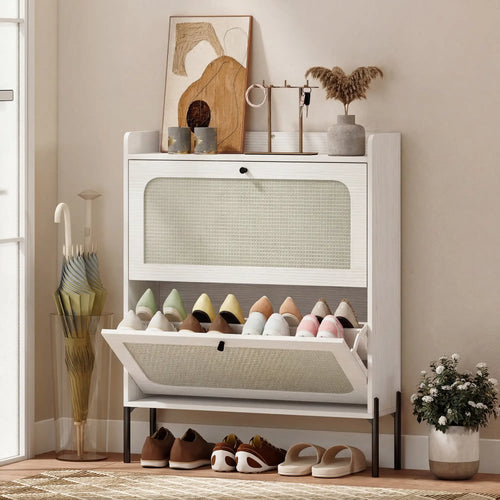 Shoe Cabinet, 2 Flip Drawers, Narrow Boho, White