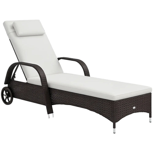 Wicker Chaise Lounge, Outdoor PE Rattan Sun Lounger, Adjustable Backrest, Mixed Brown Cream White, Brown Cream White