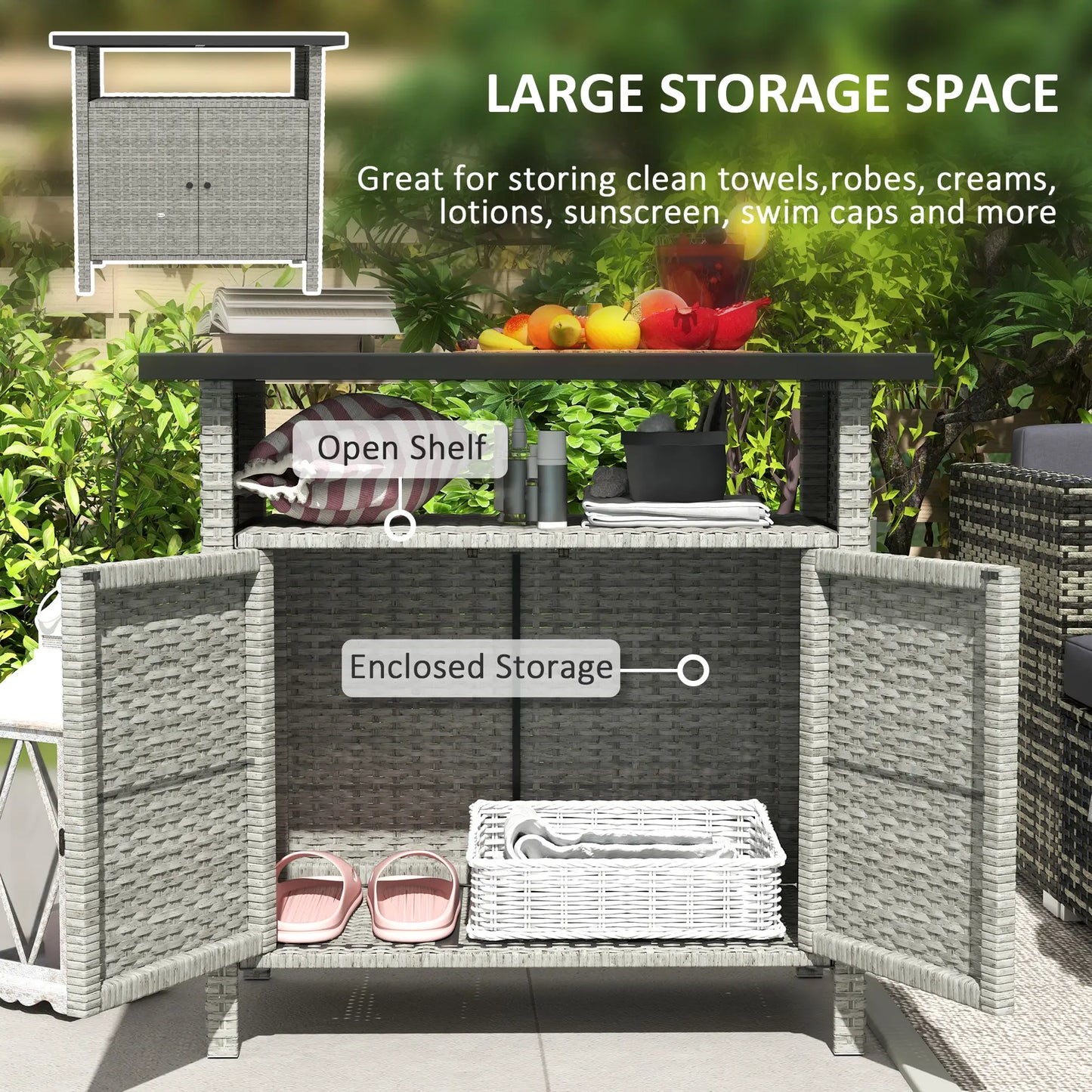 Outdoor Wicker Storage Cabinet, Two Doors, Shelf, Grey Patio Storage Boxes at Gallery Canada