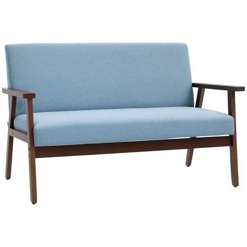 Compact Loveseat Sofa, Linen Fabric, Double Seat, Rubber Wood Legs, Blue