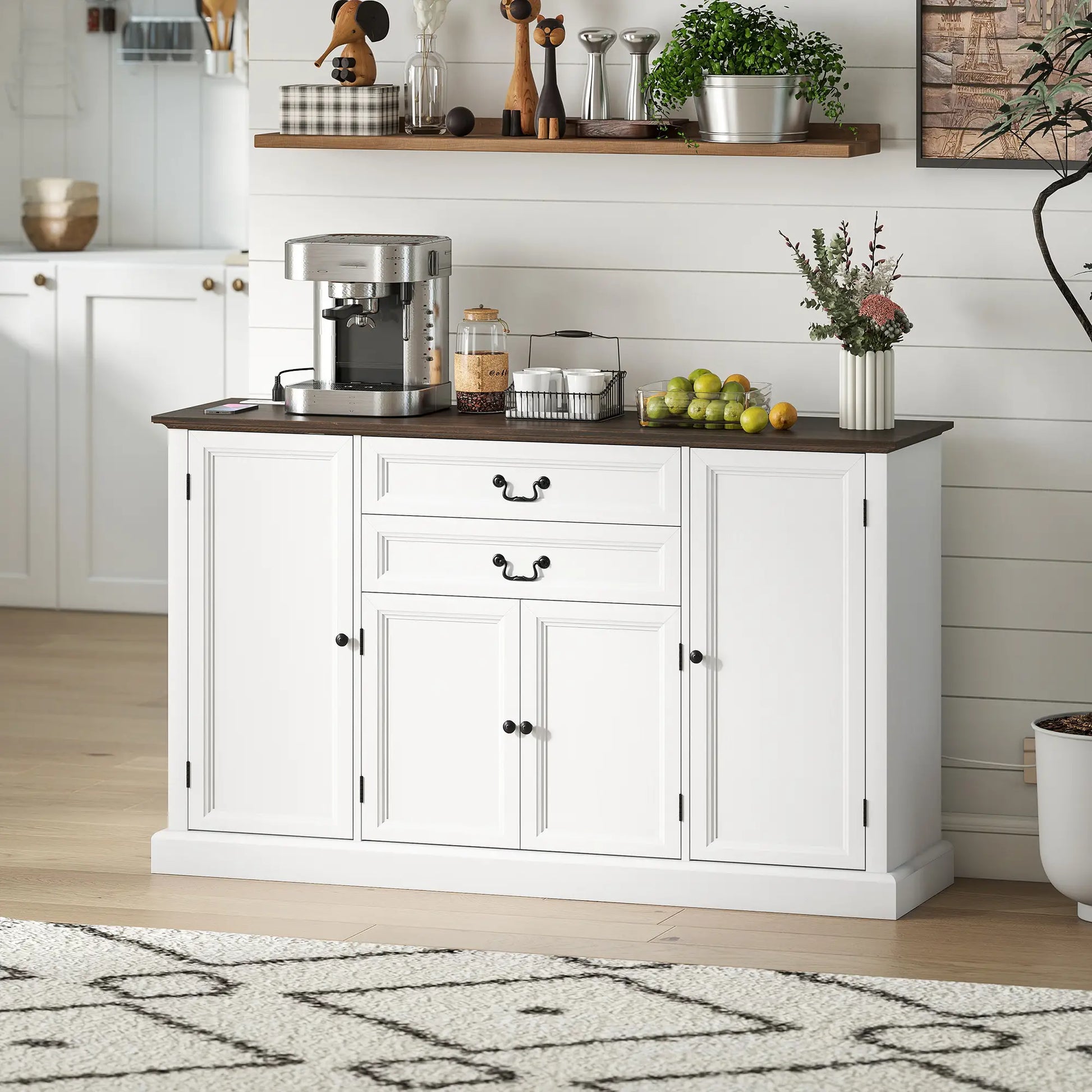 Farmhouse Sideboard with Charging Station, 58 Inch Buffet Cabinet, White Storage Cabinets at Gallery Canada