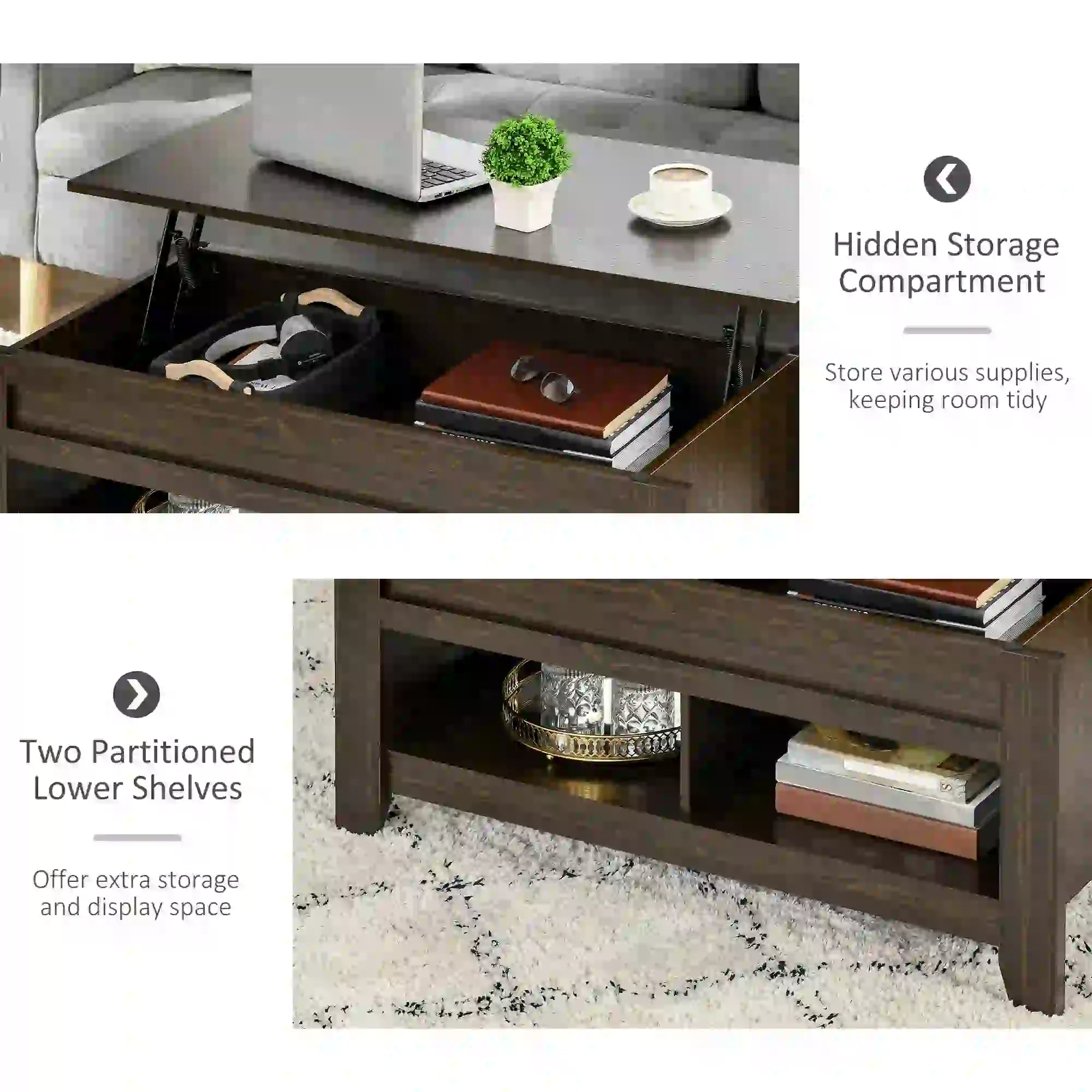 Lift Top Coffee Table, Hidden Storage, Open Shelves, Dark Walnut Coffee Tables at Gallery Canada