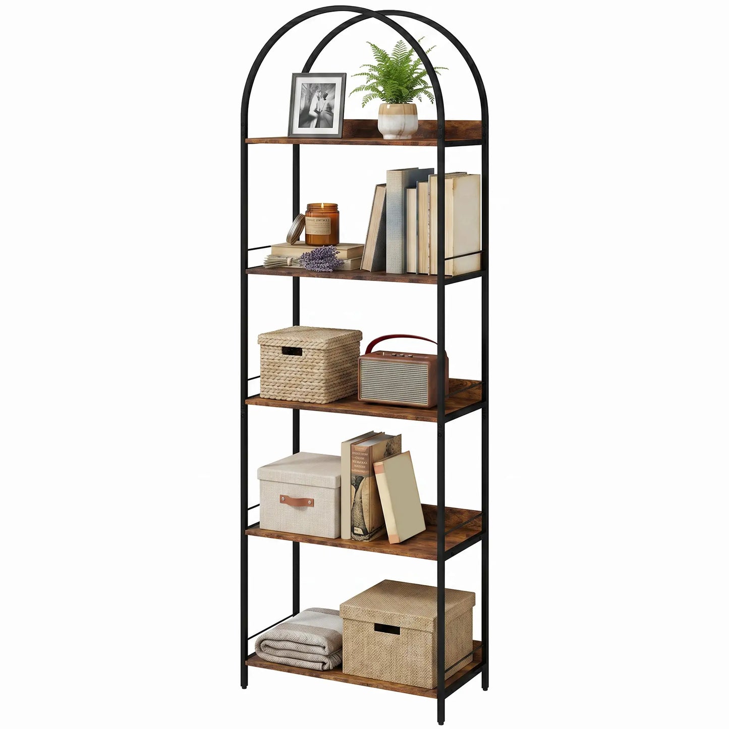 Bibliothèque voûtée de 73.2" de hauteur, 5 niveaux, industrielle, marron rustique