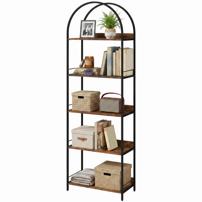 Bibliothèque voûtée de 73.2" de hauteur, 5 niveaux, industrielle, marron rustique