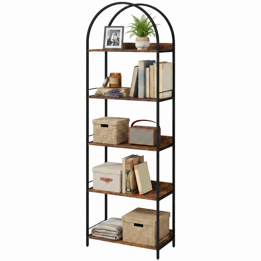 73.2" Tall Arched Bookshelf, 5-Tier, Industrial, Rustic Brown Display Bookshelves Rustic Brown, Black at Gallery Canada