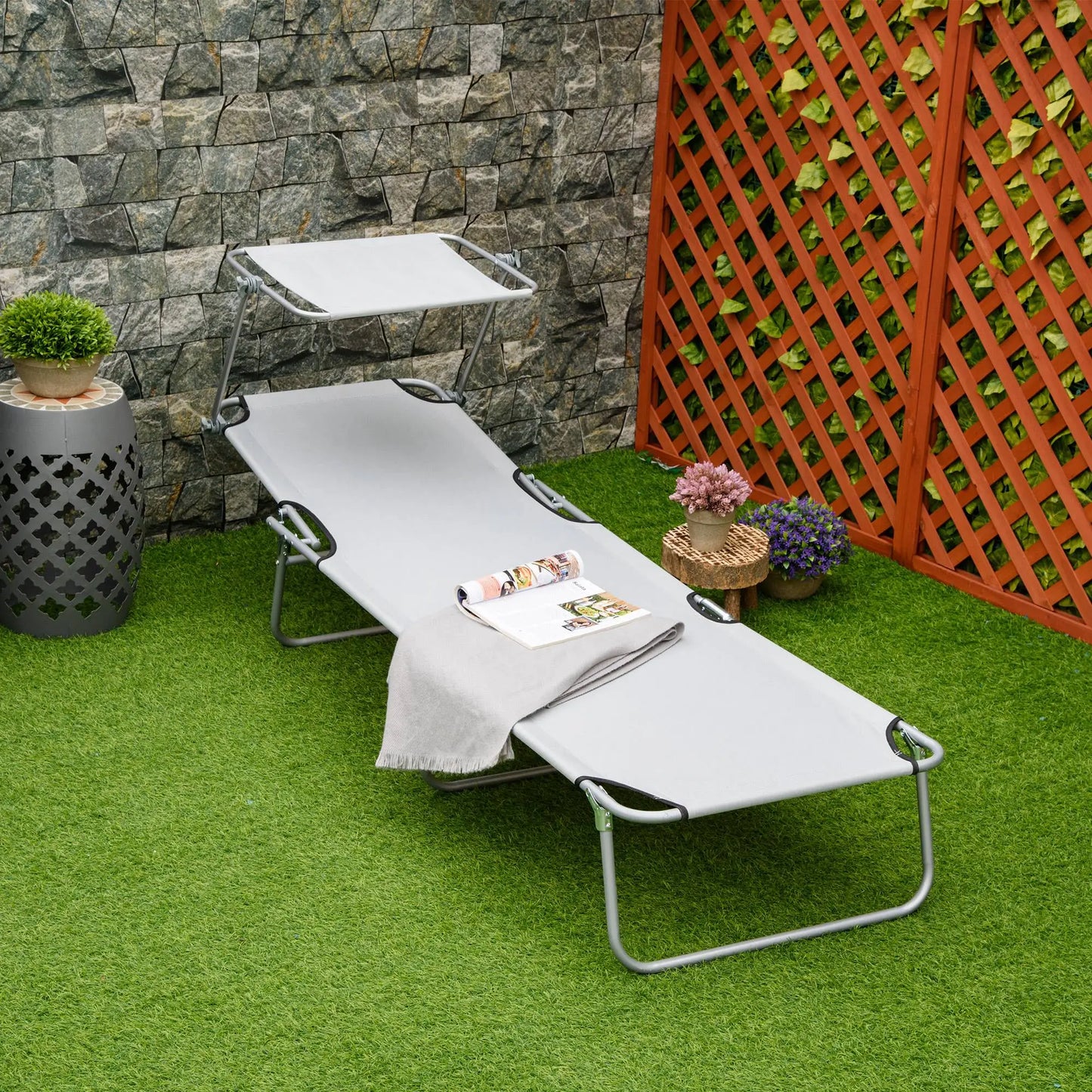 Outdoor Lounge Chair, Adjustable Folding Chaise, Sun Shade, Light Grey Lounger Chairs at Gallery Canada