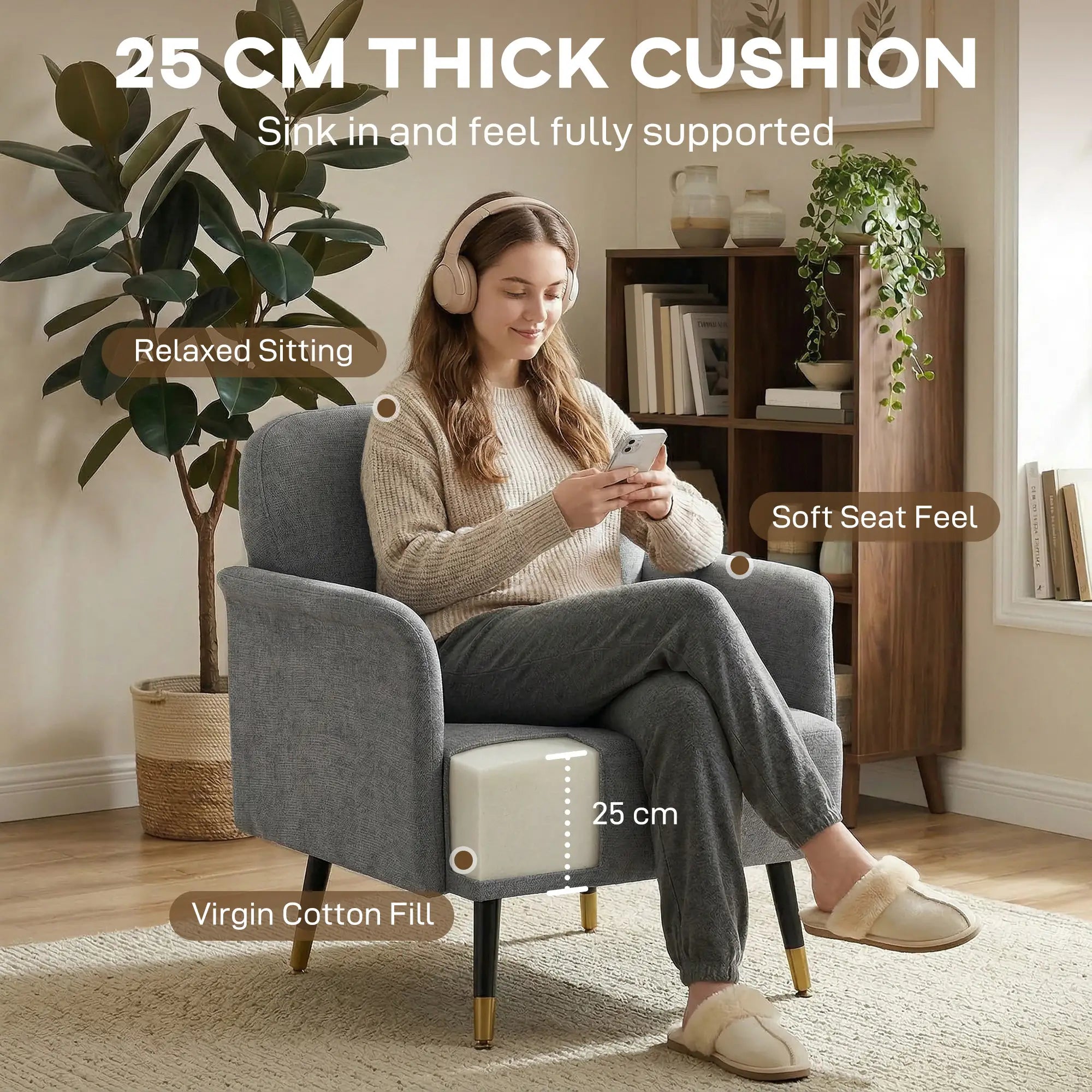 Modern Tufted Accent Chair, Metal Legs, Upholstered Reading Armchair, Grey Accent Chairs at Gallery Canada