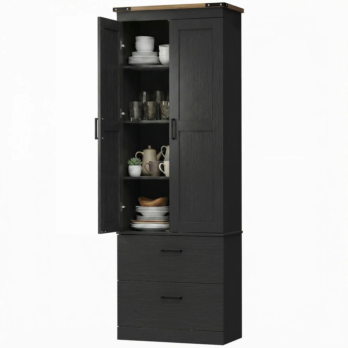 67" Tall Kitchen Pantry Cabinet With Doors, Drawers, Adjustable Shelves, Black Kitchen Pantry Cabinets Black at Gallery Canada