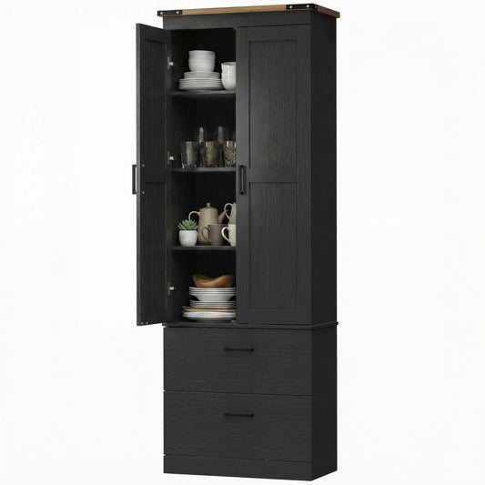 67" Tall Kitchen Pantry Cabinet With Doors, Drawers, Adjustable Shelves, Black Kitchen Pantry Cabinets Black at Gallery Canada