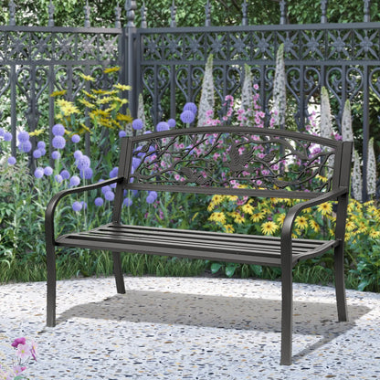 50" Garden Bench, Outdoor Loveseat, Vintage Bird Pattern, Cast Metal, Black Outdoor Benches at Gallery Canada