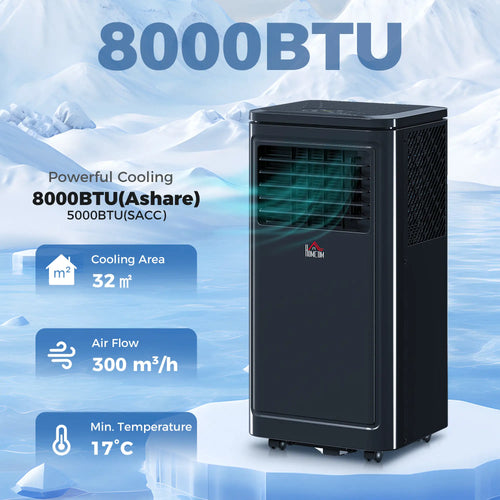 8000 BTU Portable AC, Dehumidifier, Remote, 24H Timer, Black