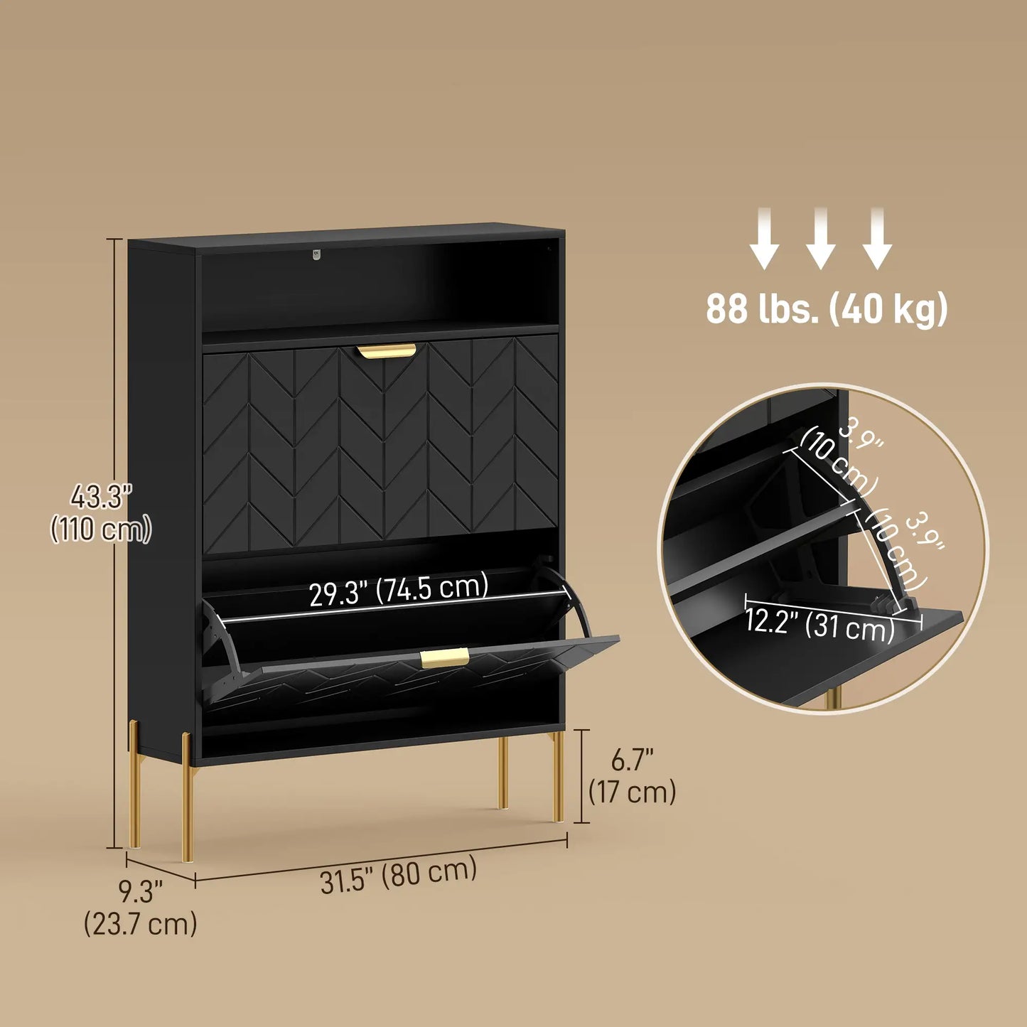 Narrow Shoe Cabinet, 2 Flip Drawers, Adjustable Shelves, Open Compartment, Black Shoe Storage Cabinets & Racks at Gallery Canada