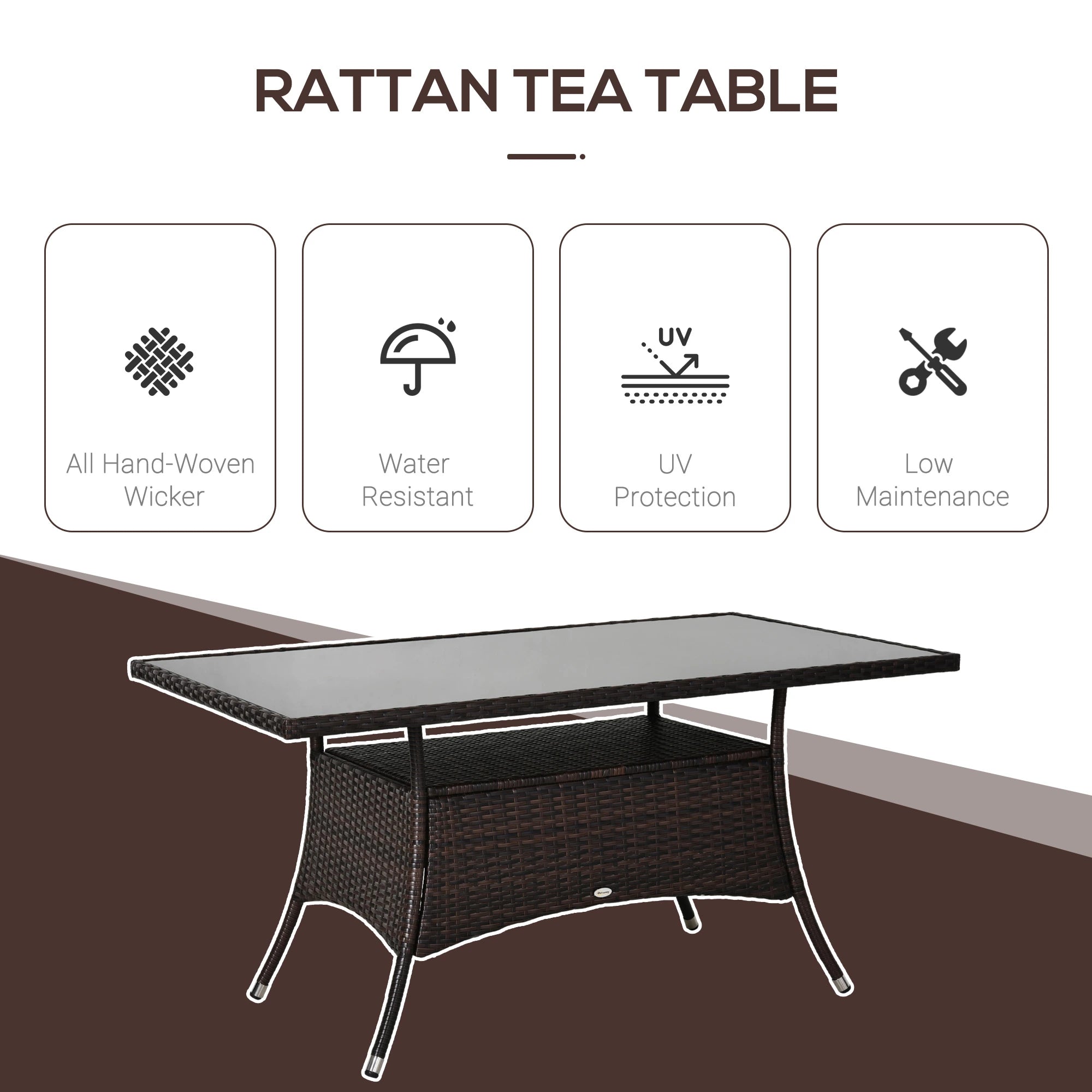 Rattan Dining Table with Glass Top, Storage Shelf, 59