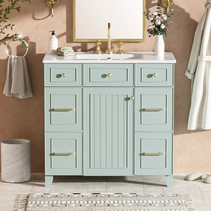 Bathroom Vanity, Ceramic Sink, Soft-Close Doors, 36" L x 18" W x 34" H, Green Sink Cabinets at Gallery Canada