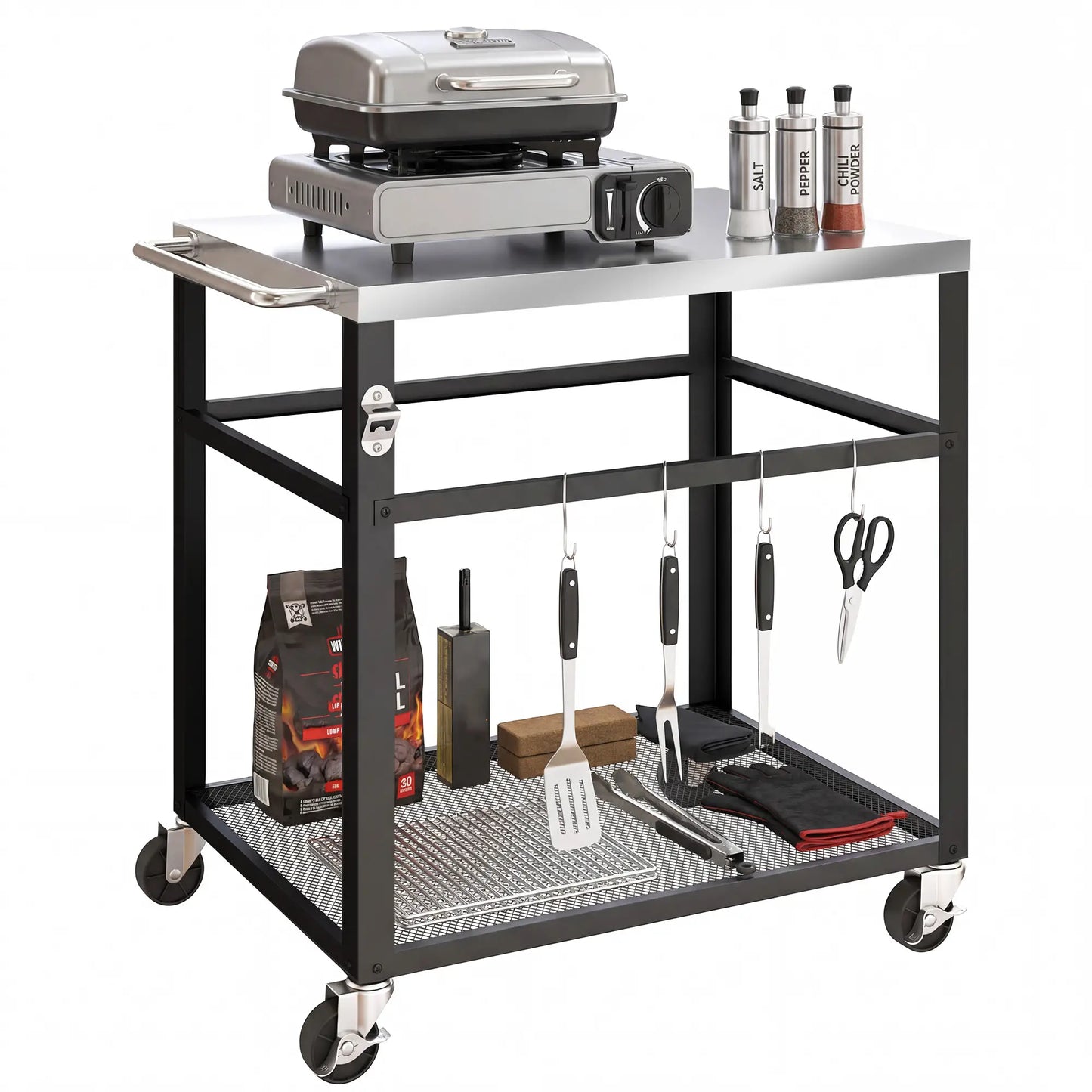 Outdoor Grill Cart, Stainless Steel Tabletop, 2-Tier Prep Station, Black Outdoor Grill Carts at Gallery Canada