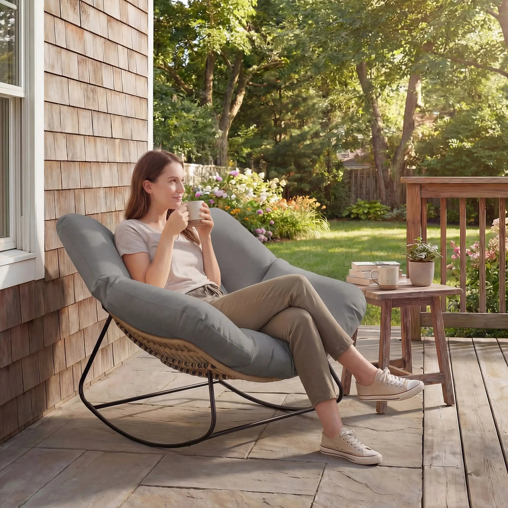 Papasan Rocking Chair, Oversized With Cushion, Grey Outdoor Rocking Chairs at Gallery Canada