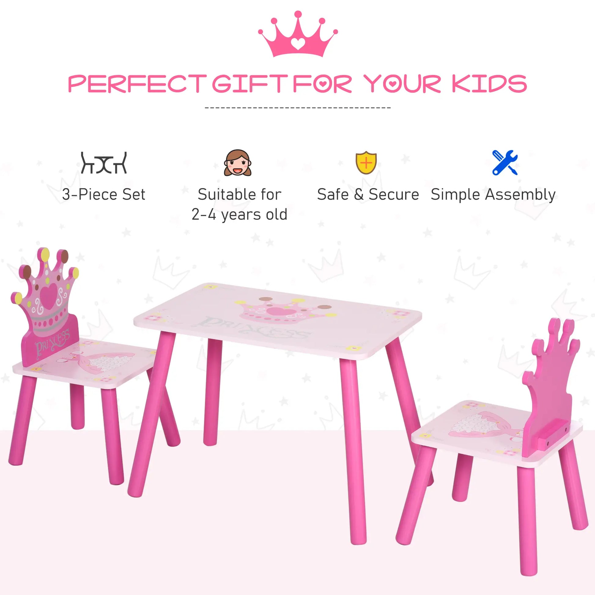 Kids Wooden Table Chair Set, Crown Pattern, Easy Clean, Age 2-4, Pink Kids Table Sets at Gallery Canada