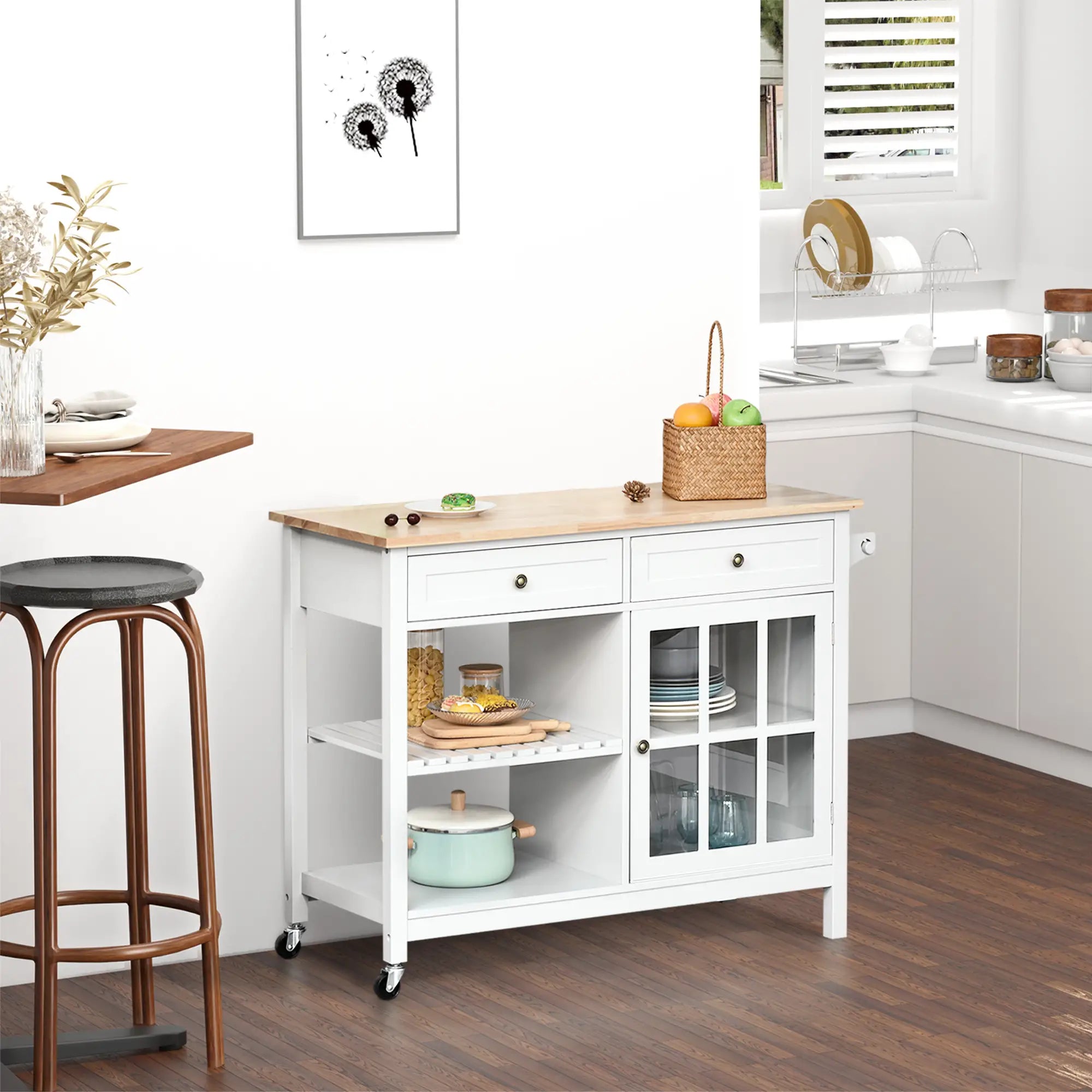 Kitchen Cart on Wheels, Utility Storage Island, Rubber Wood Top, White Kitchen Islands & Kitchen Carts at Gallery Canada