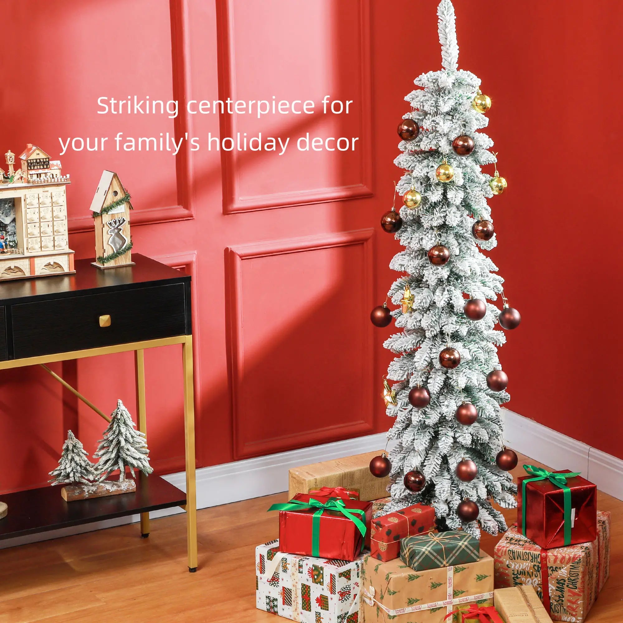 5ft Snow-Flocked Artificial Christmas Tree, Slim Pencil, 301 Branches, Metal Base, Green Pencil Christmas Trees at Gallery Canada