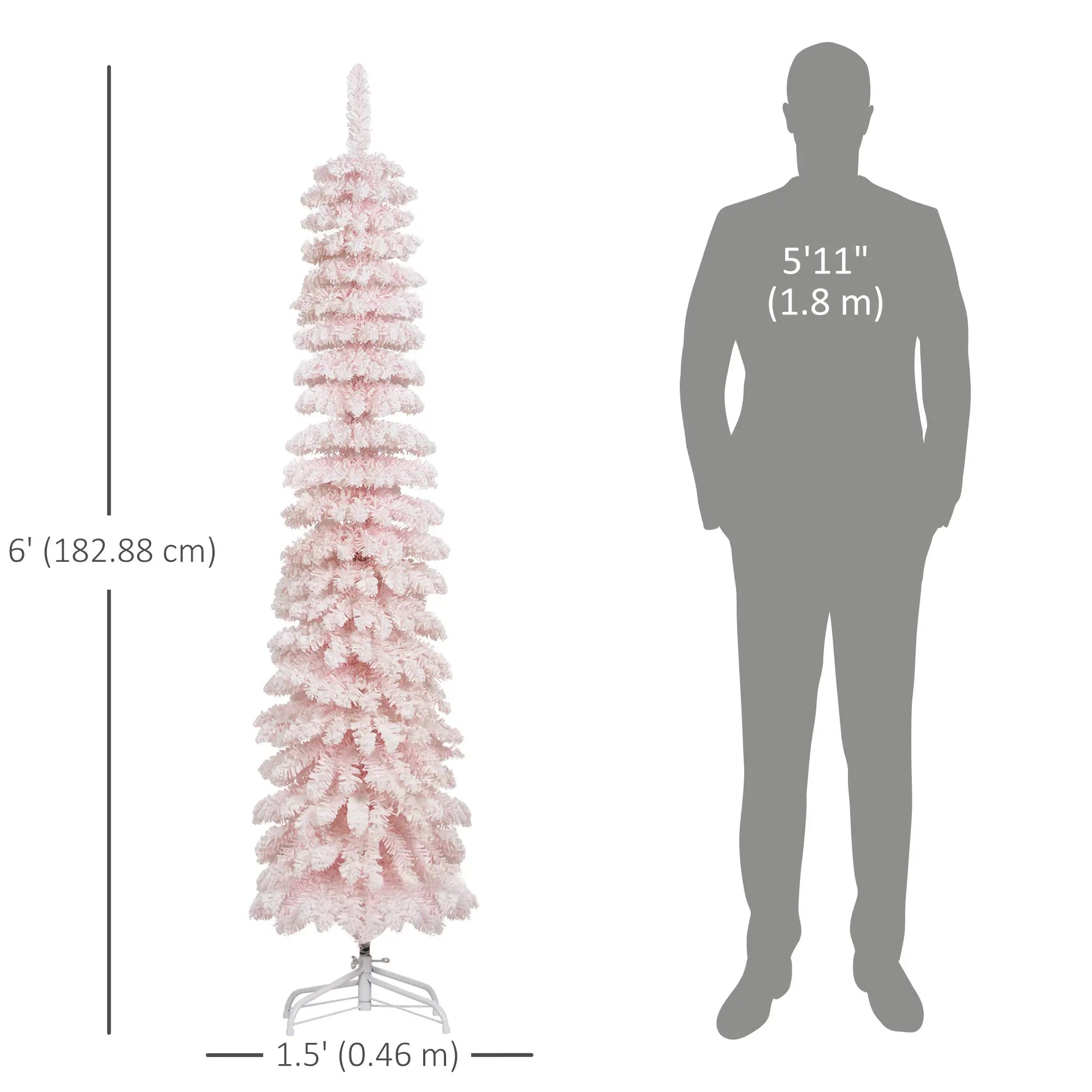 6ft Snow-Flocked Slim Pencil Christmas Tree, 395 Branches, Metal Base, Pink Pencil Christmas Trees at Gallery Canada
