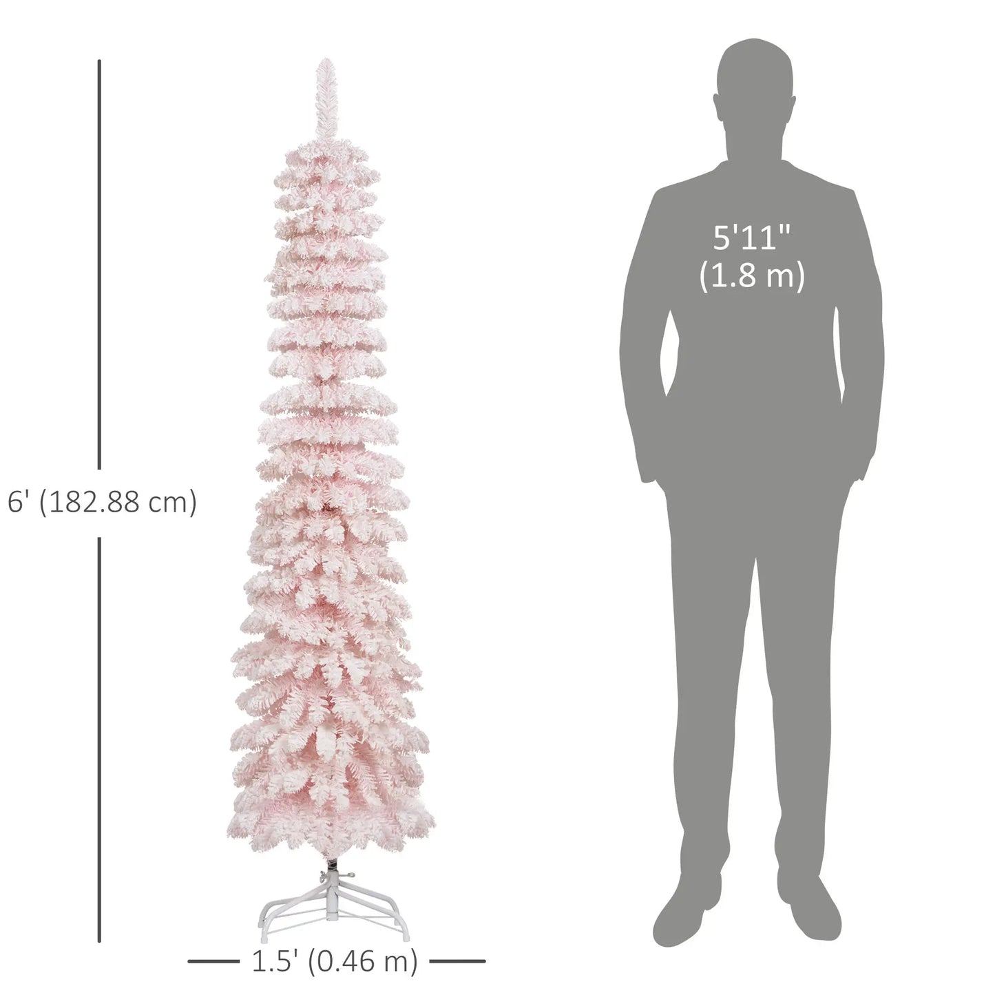 6ft Snow-Flocked Slim Pencil Christmas Tree, 395 Branches, Metal Base, Pink Pencil Christmas Trees at Gallery Canada