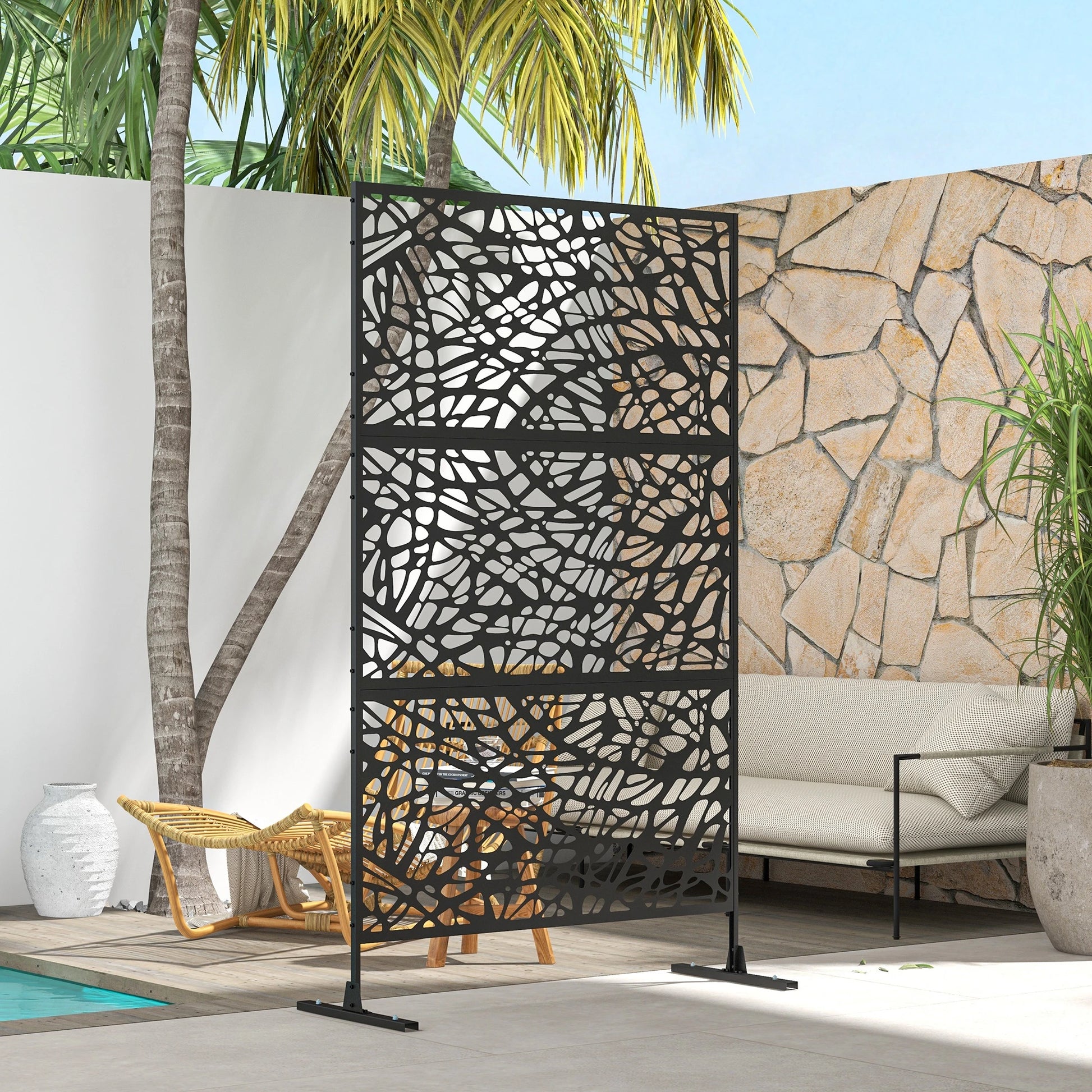 6.5FT Decorative Outdoor Divider, Metal Privacy Screen with Stand, Twisted Line Style, Black Side Awnings at Gallery Canada