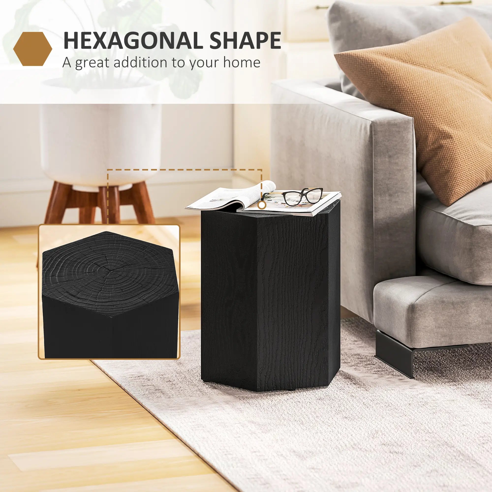 Hexagonal Side Table, Small with 4 Adjustable Feet, Indoor Outdoor, Black Side Tables at Gallery Canada