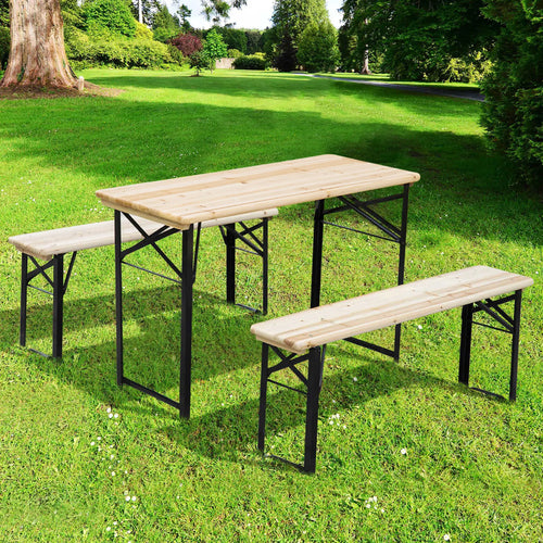 3 Pc Folding Picnic Table Set, 1 Table 2 Benches, Natural