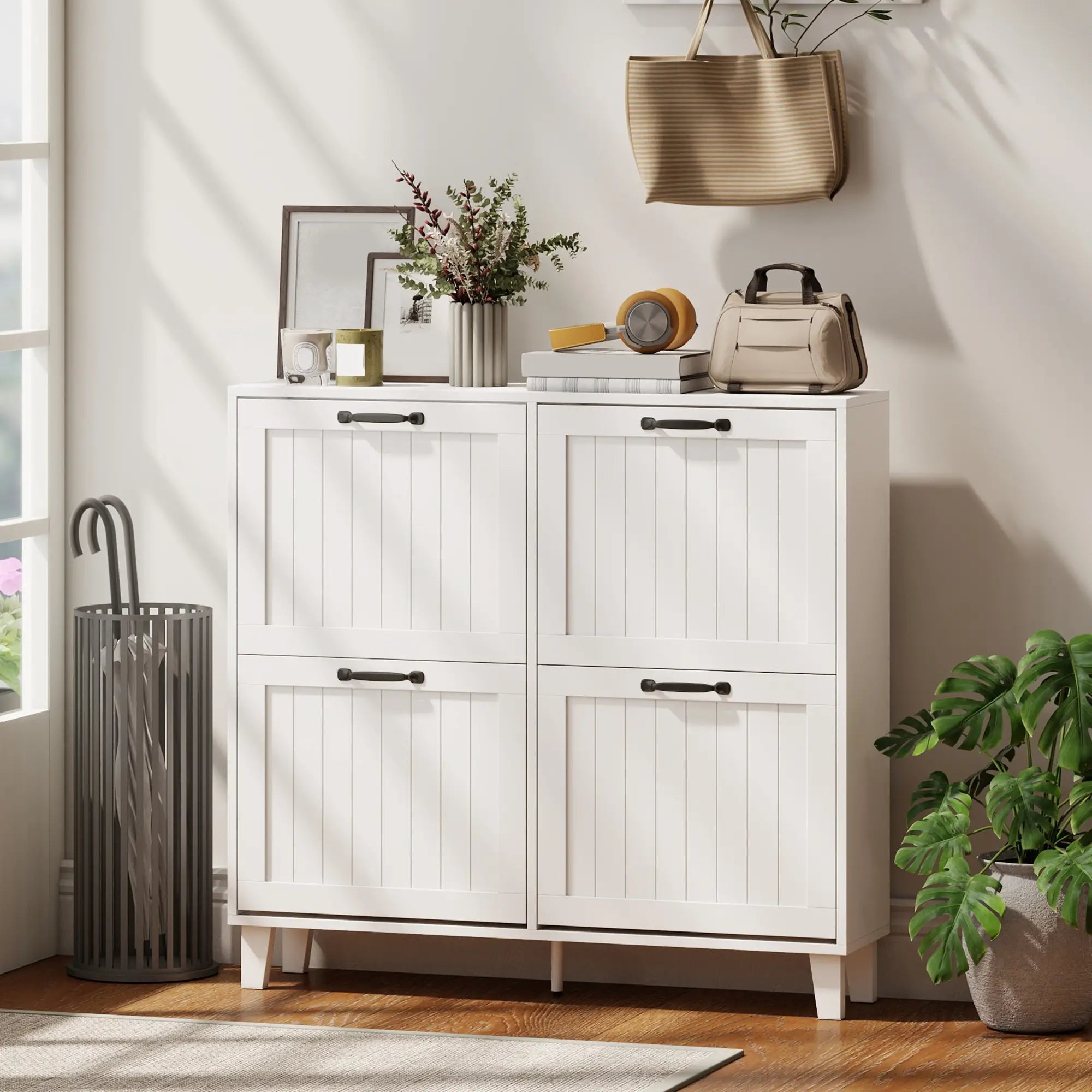 Shoe Cabinet with 4 Flip Drawers, Freestanding Narrow Shoe Storage Cabinet with Adjustable Shelves, Open Back, White Shoe Storage Cabinets & Racks at Gallery Canada
