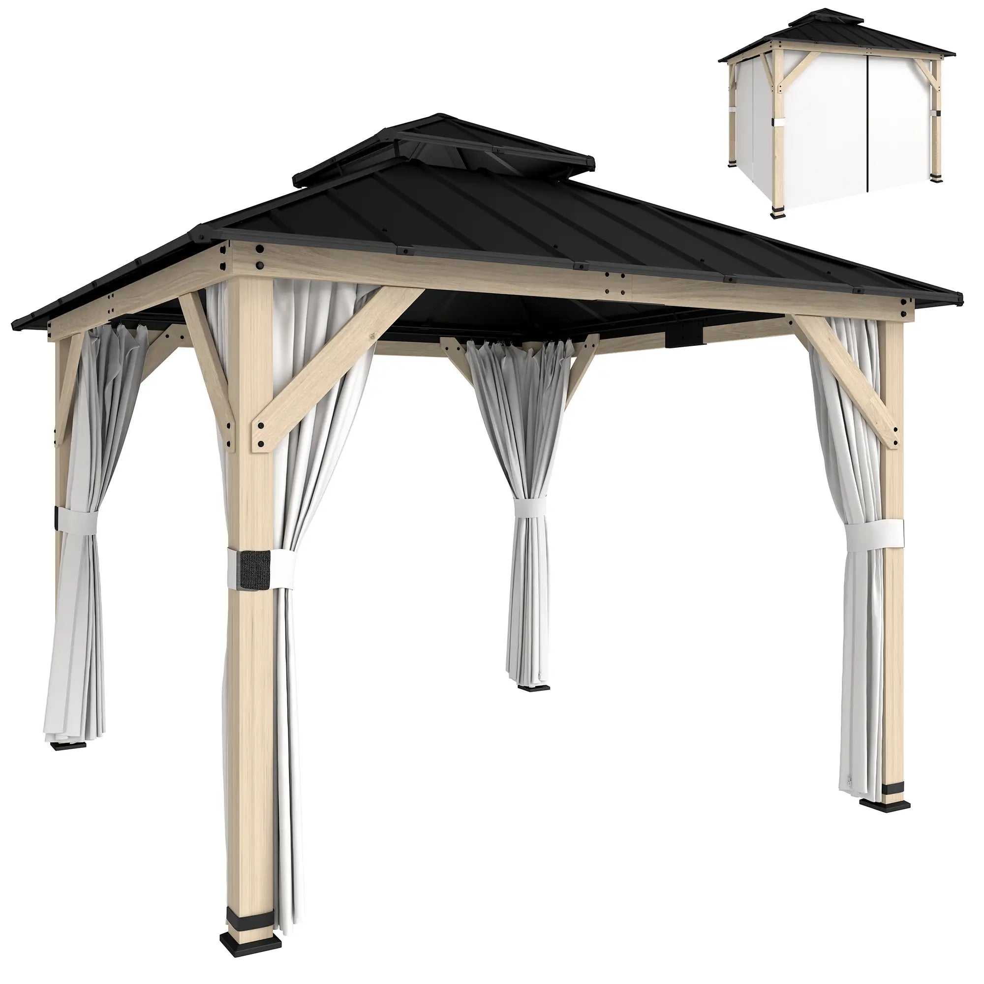 10' x 10' Hardtop Gazebo, Steel Roof, Wood Patio, Light Grey Gazebos at Gallery Canada