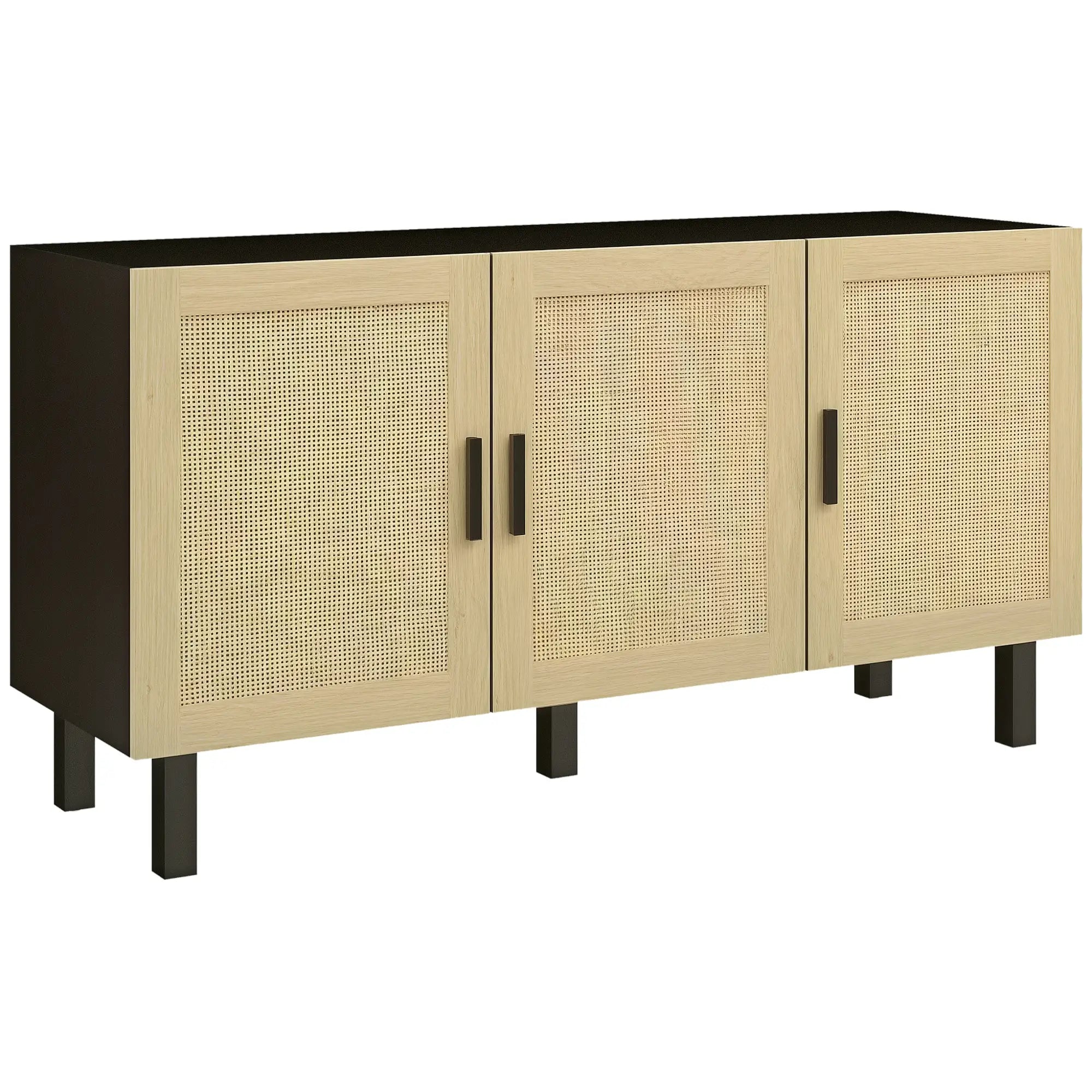 Boho Sideboard, 3 Rattan Doors, Adjustable Shelves, Natural, Black Storage Cabinets at Gallery Canada