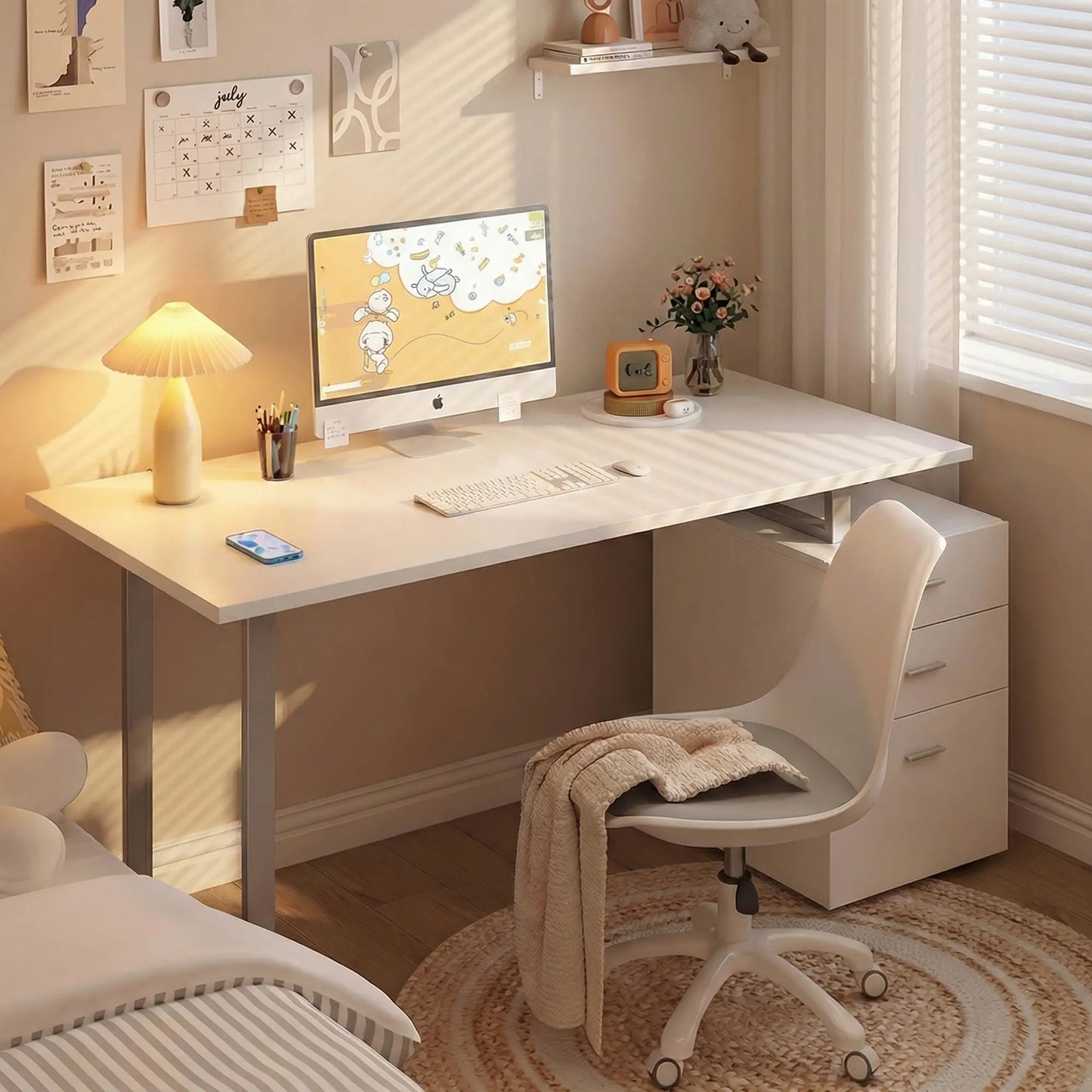 47" L Computer Desk, Metal Frame, Reversible File Drawers, White Writing Desks at Gallery Canada
