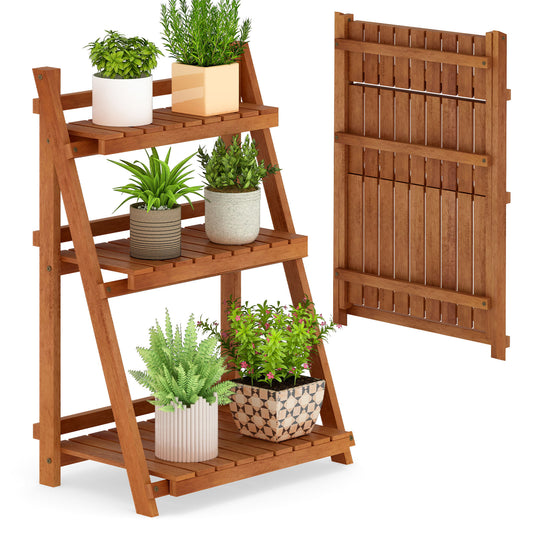 Foldable 3-Tier Solid Wood Plant Stand for Patio Balcony, Natural Plant Stands Natural at Gallery Canada