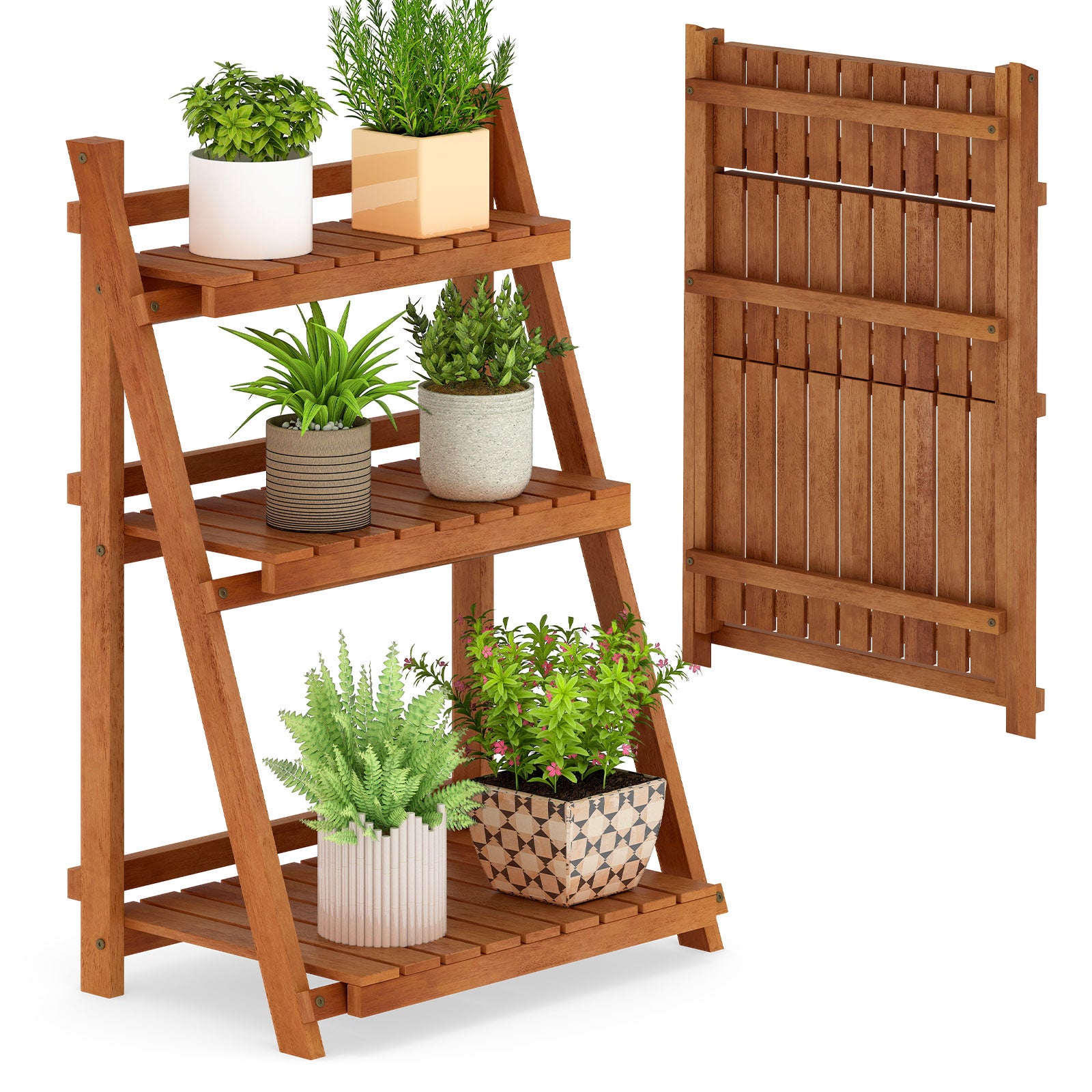 Foldable 3-Tier Solid Wood Plant Stand for Patio Balcony, Natural Plant Stands at Gallery Canada