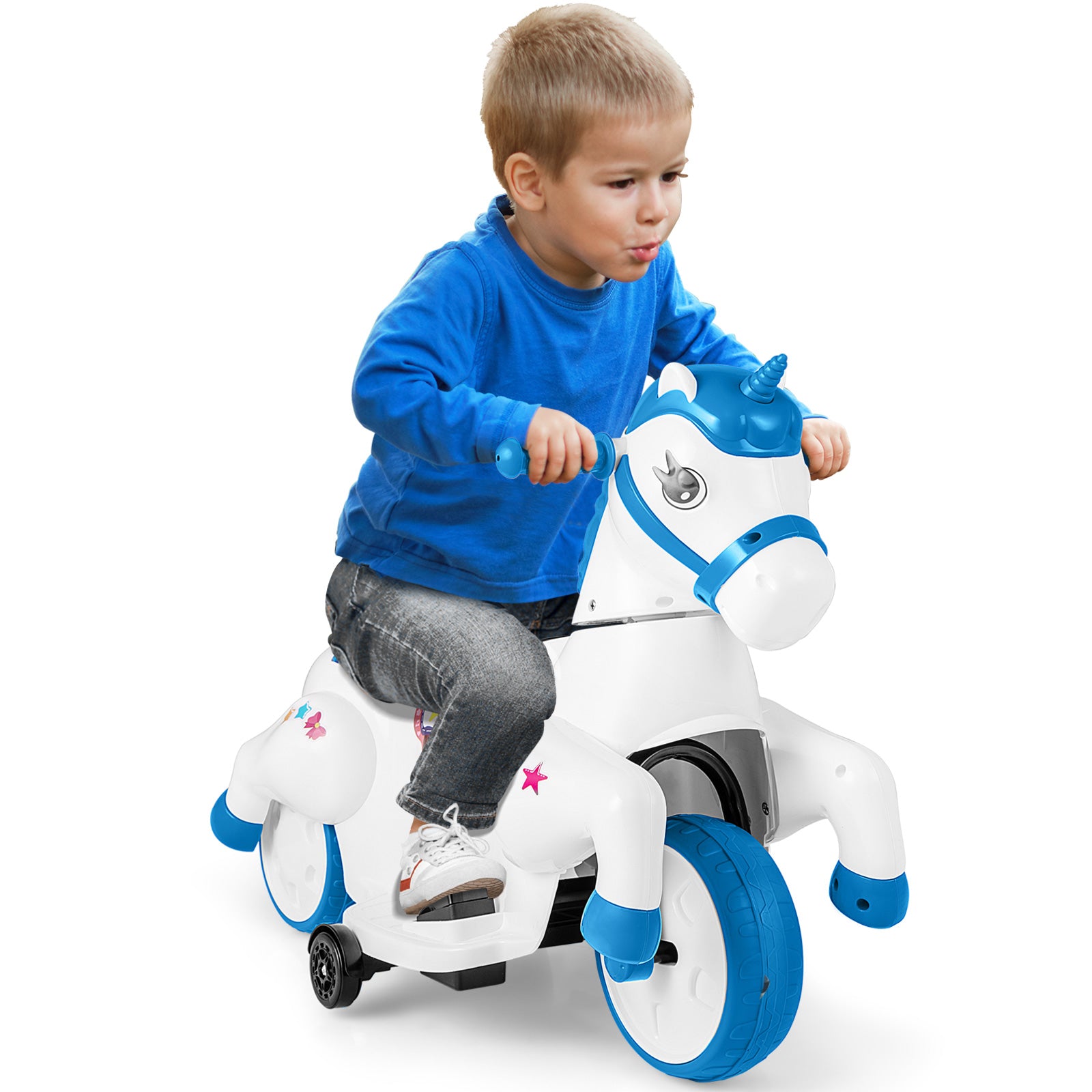 12V Unicorn Ride on Toy with Training Wheels and Horse Riding Mode, Navy Powered Ride On Toys at Gallery Canada