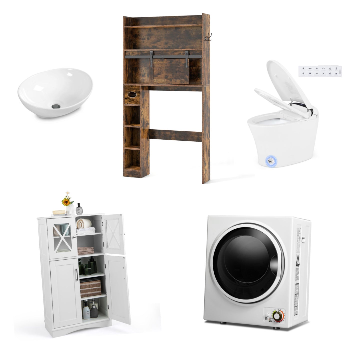 5-Piece Bathroom Suite, Toilet Cabinet, Bidet, Sink, Floor Cabinet, Dryer, White Floor Cabinets at Gallery Canada