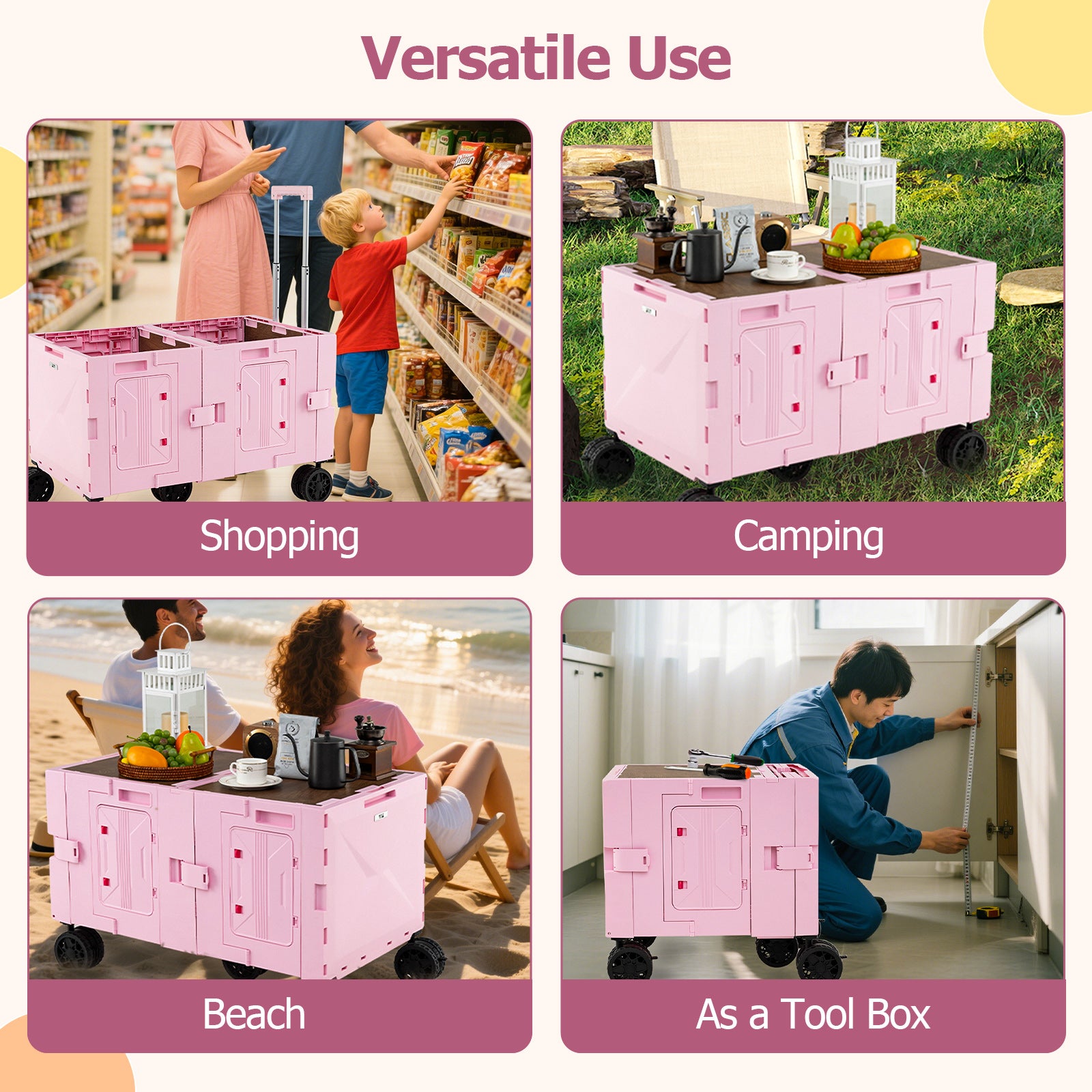 Large Foldable Utility Cart with 2-Tier Storage Crates and Telescoping Handle, Pink Camping Furniture at Gallery Canada