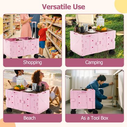Large Foldable Utility Cart with 2-Tier Storage Crates and Telescoping Handle, Pink Camping Furniture at Gallery Canada