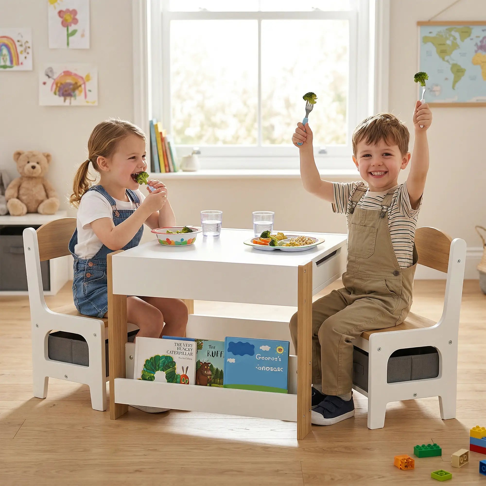 3 Piece Kids Table and Chair Set, Reversible Tabletop, Blackboard, Storage, Bookshelf, Natural Kids Table Sets at Gallery Canada