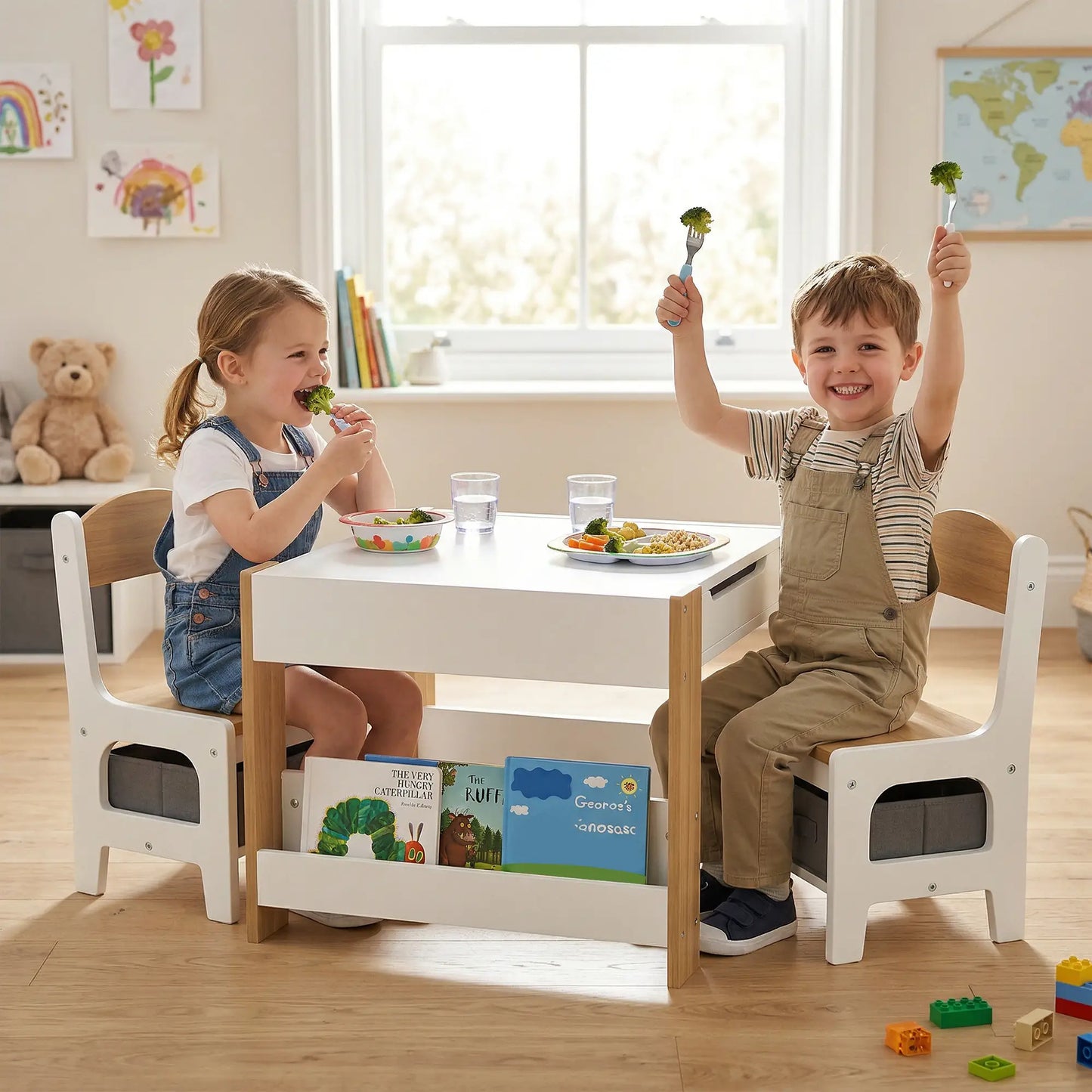 3 Piece Kids Table and Chair Set, Reversible Tabletop, Blackboard, Storage, Bookshelf, Natural Kids Table Sets at Gallery Canada